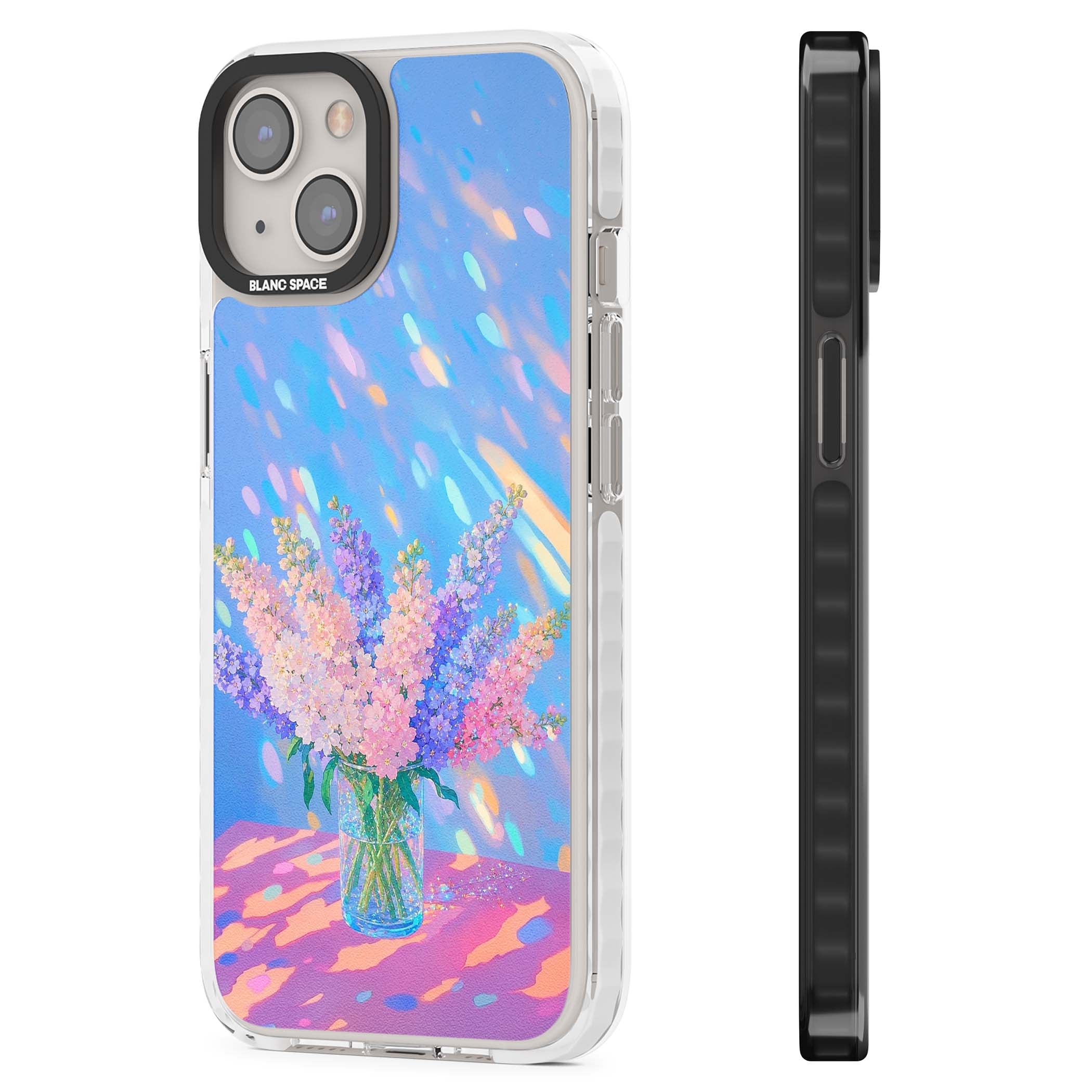 Bubblegum Flowers floral iPhone case featuring pastel lilac and pink bouquet in a glass vase with iridescent light | Clear Impact case for iPhone 13, iPhone 14, iPhone 15
