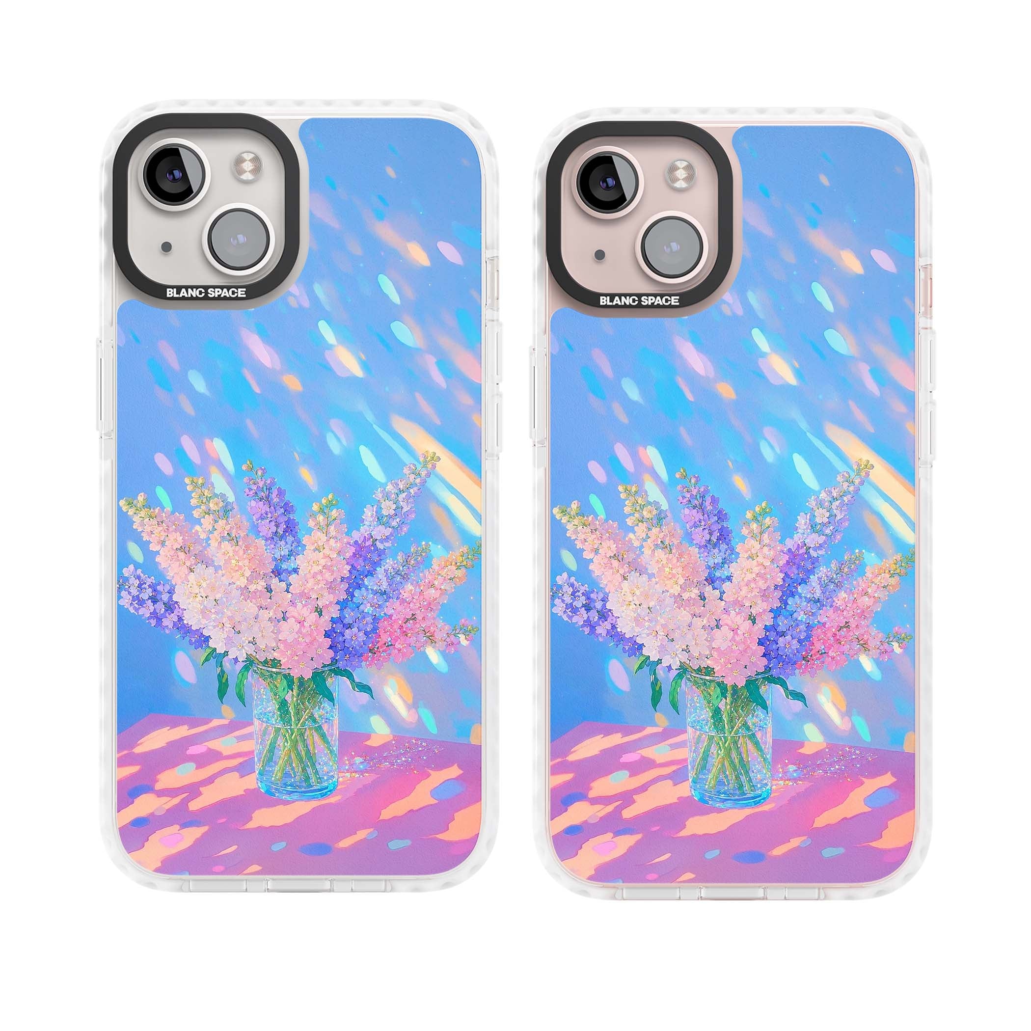 Bubblegum Flowers floral iPhone case featuring pastel lilac and pink bouquet in a glass vase with iridescent light | Clear Impact case for iPhone 13, iPhone 14, iPhone 15
