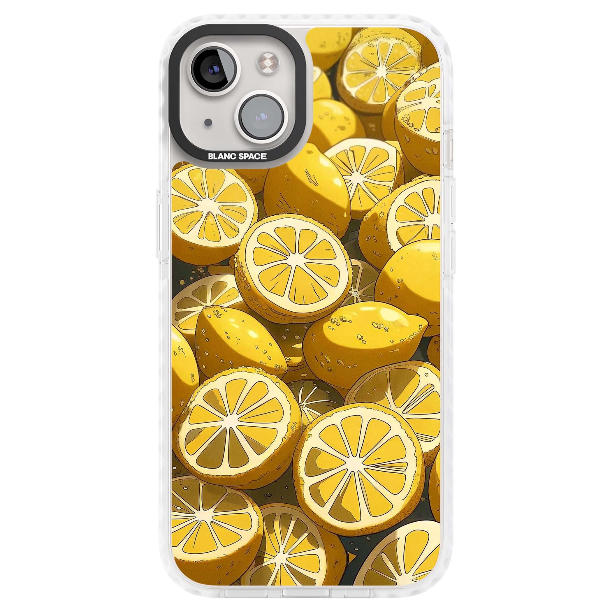 Zesty coastal iPhone case featuring illustrated Mediterranean lemons and citrus slices in golden yellow | Clear Impact case for iPhone 13, iPhone 14, iPhone 15