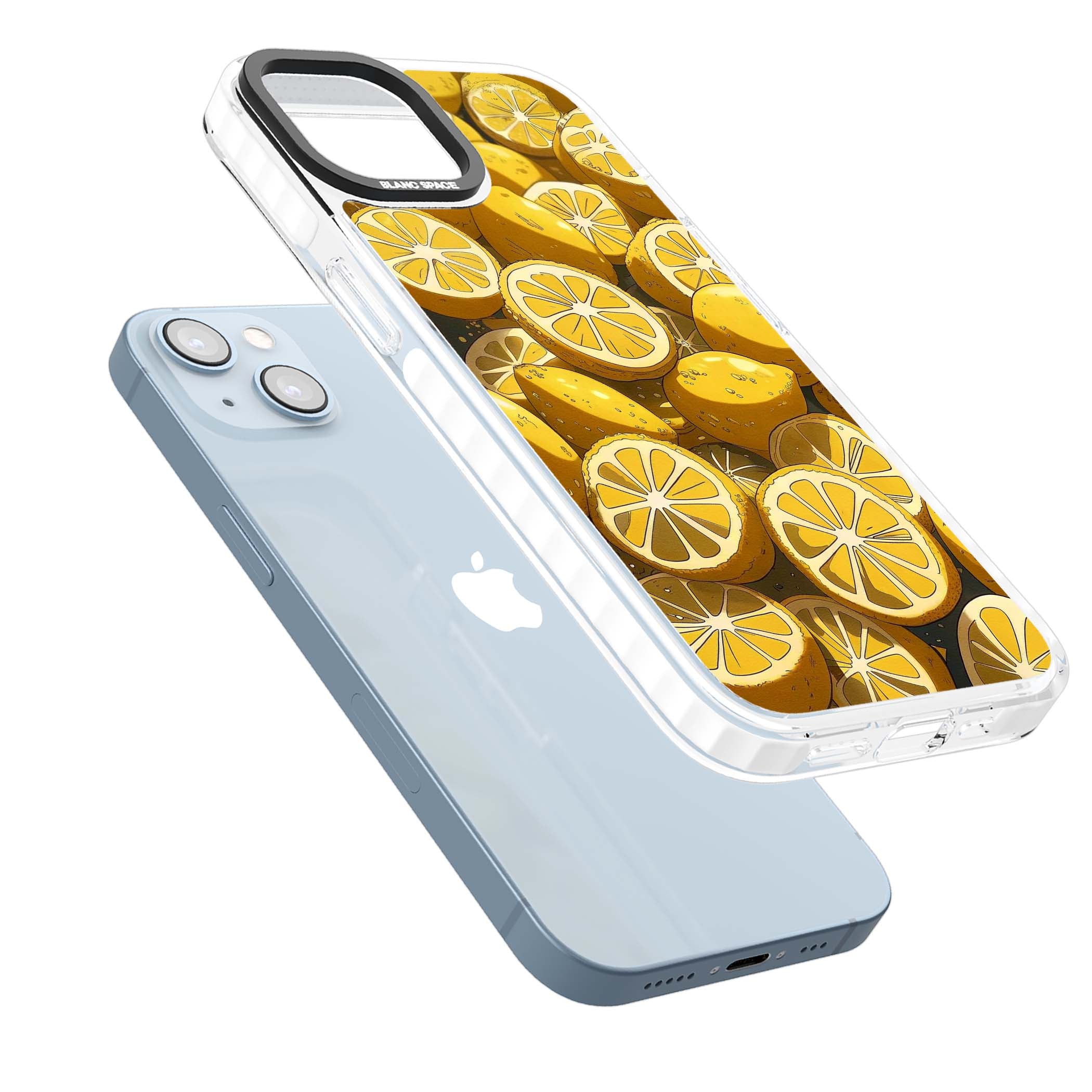 Zesty coastal iPhone case featuring illustrated Mediterranean lemons and citrus slices in golden yellow | Clear Impact case for iPhone 13, iPhone 14, iPhone 15