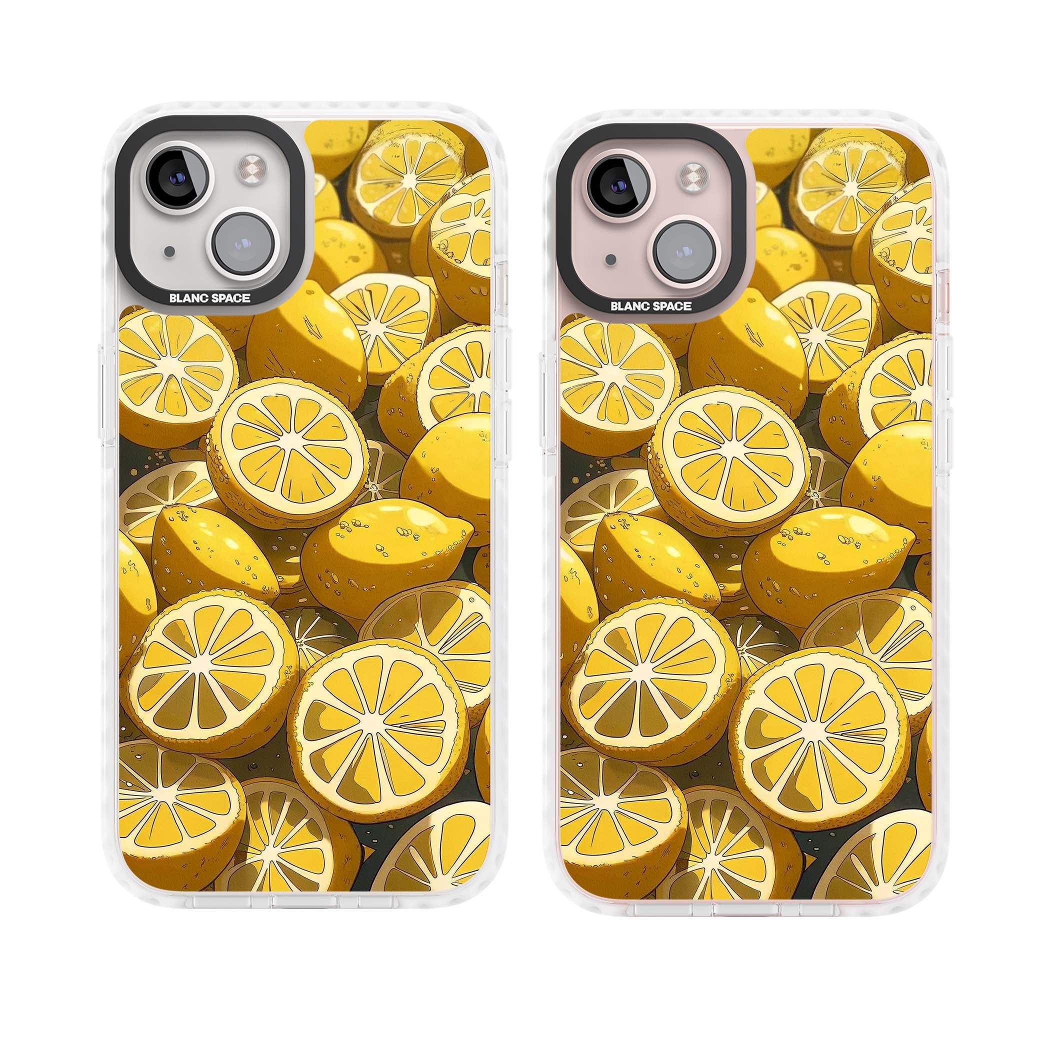 Zesty coastal iPhone case featuring illustrated Mediterranean lemons and citrus slices in golden yellow | Clear Impact case for iPhone 13, iPhone 14, iPhone 15
