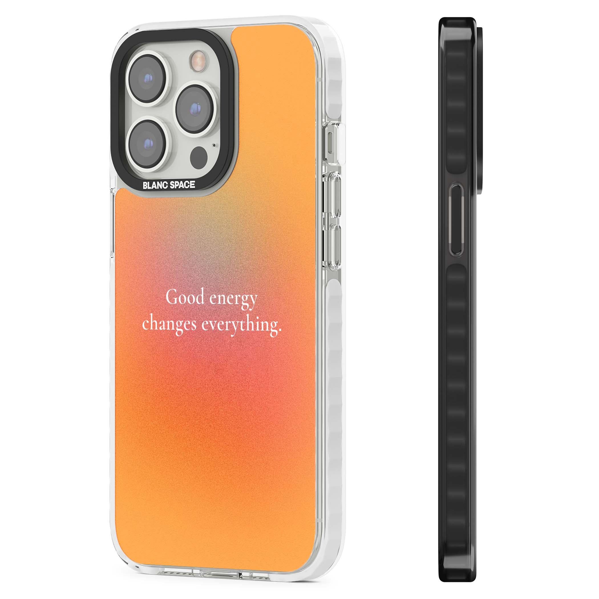 Good Energy quote iPhone case featuring an orange and pink aura gradient with white serif affirmation text | Clear Impact case for iPhone 13 Pro, iPhone 14 Pro, iPhone 15 Pro