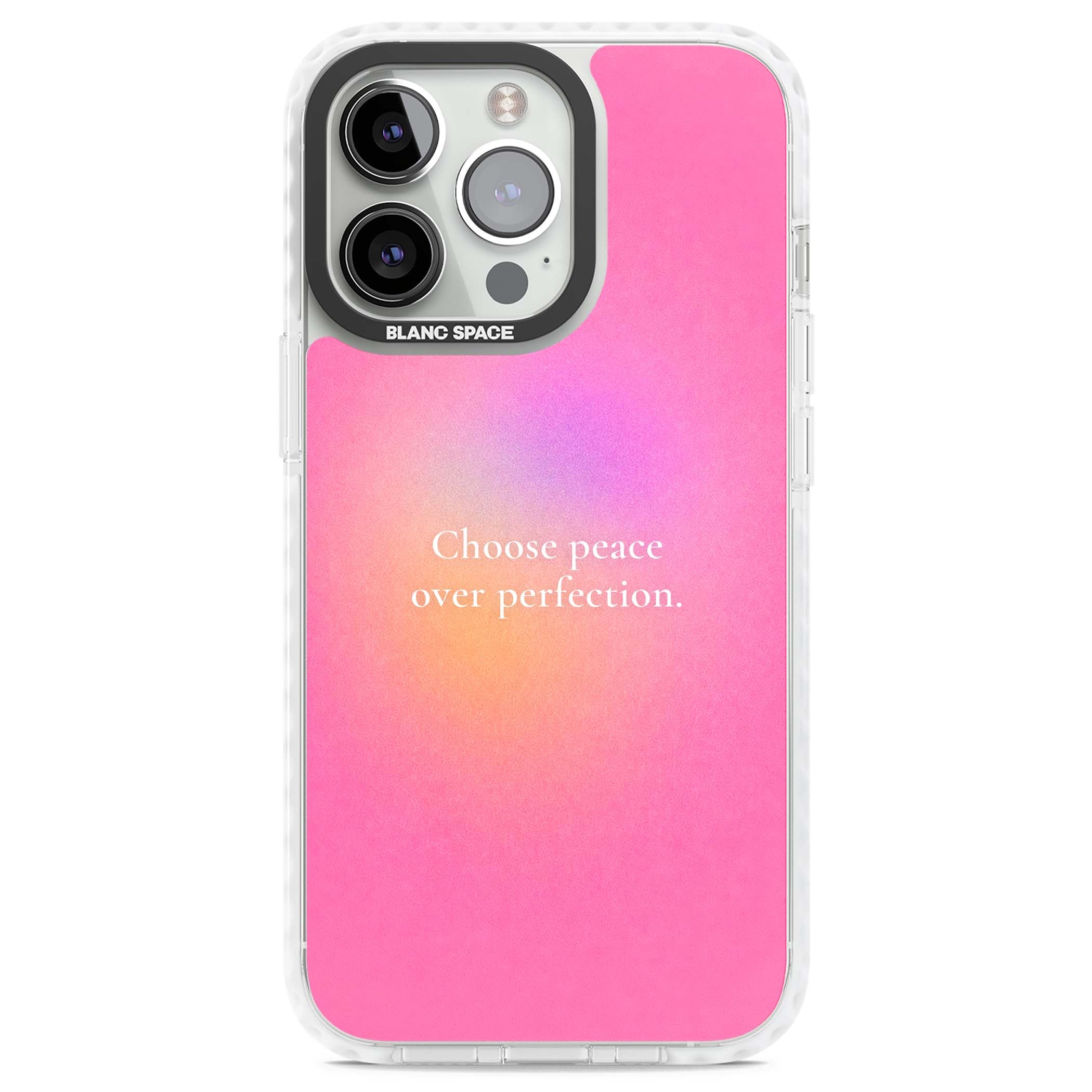 Peace Over Perfection quote iPhone case featuring a dreamy pink aura gradient and delicate white affirmation text | Clear Impact case for iPhone 13 Pro, iPhone 14 Pro, iPhone 15 Pro