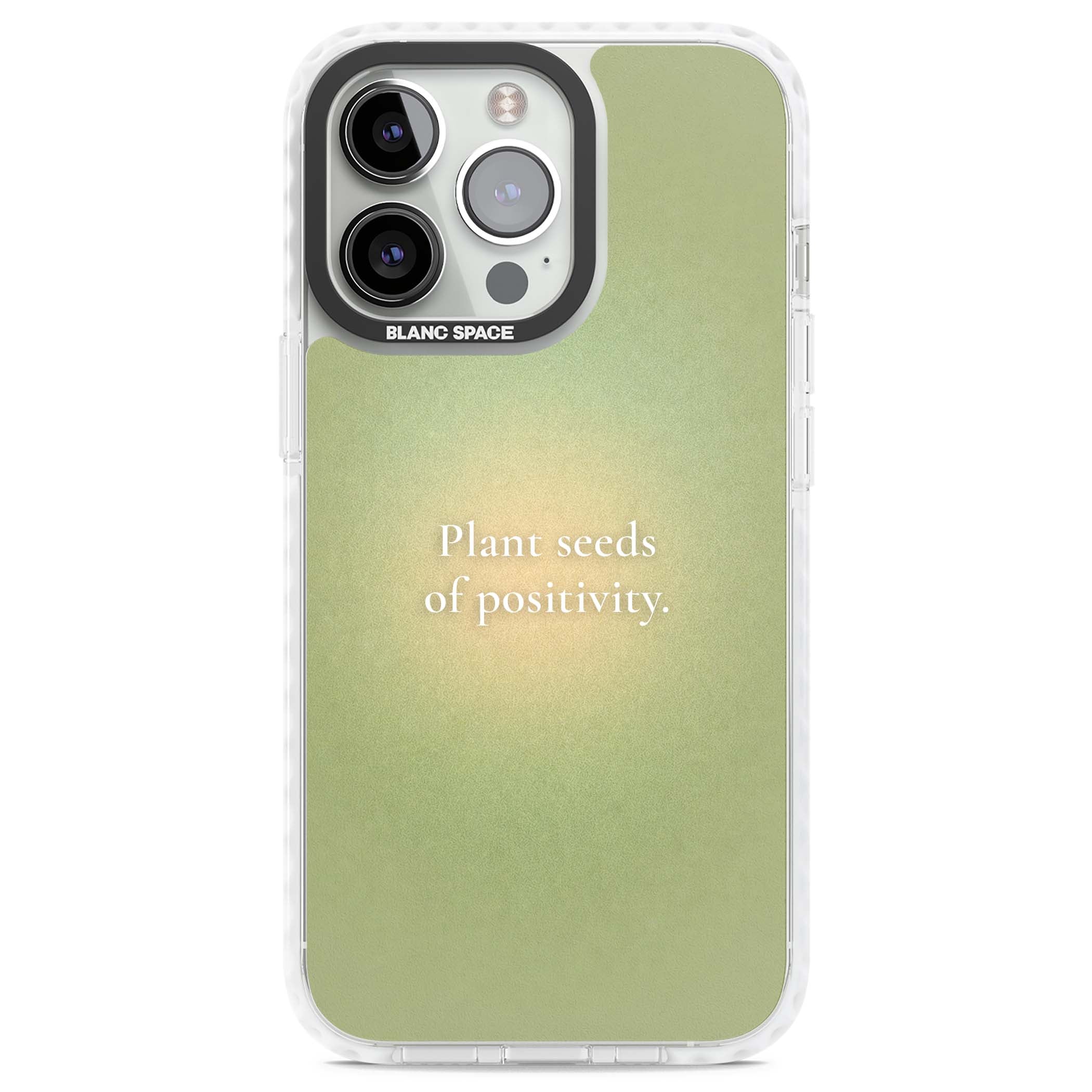 Seeds of Positivity quote iPhone case featuring a sage green aura gradient and golden glow affirmation | Clear Impact case for iPhone 13 Pro, iPhone 14 Pro, iPhone 15 Pro