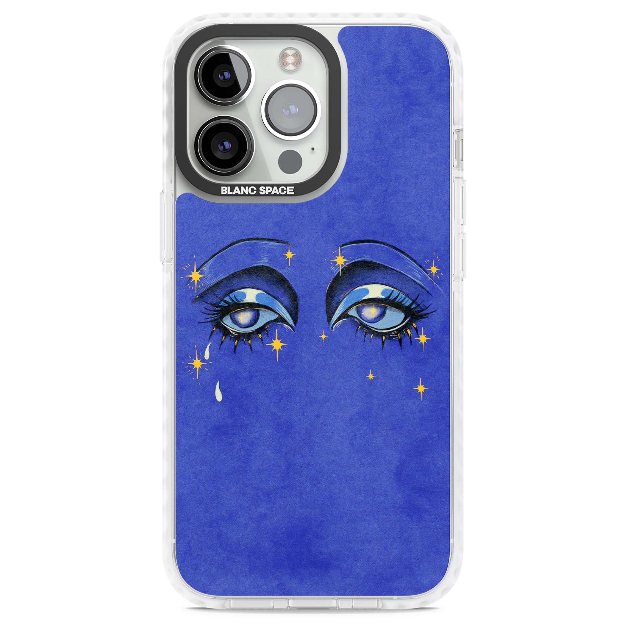 Blue Mystic Eyes celestial iPhone case featuring hand drawn blue mystical eyes, golden stars and a painted tear on indigo | Clear Impact case for iPhone 13 Pro, iPhone 14 Pro, iPhone 15 Pro