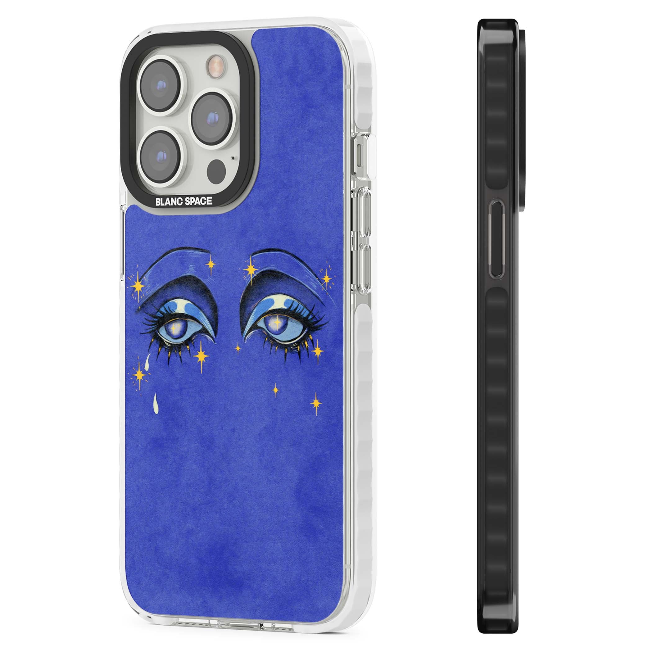 Blue Mystic Eyes celestial iPhone case featuring hand drawn blue mystical eyes, golden stars and a painted tear on indigo | Clear Impact case for iPhone 13 Pro, iPhone 14 Pro, iPhone 15 Pro
