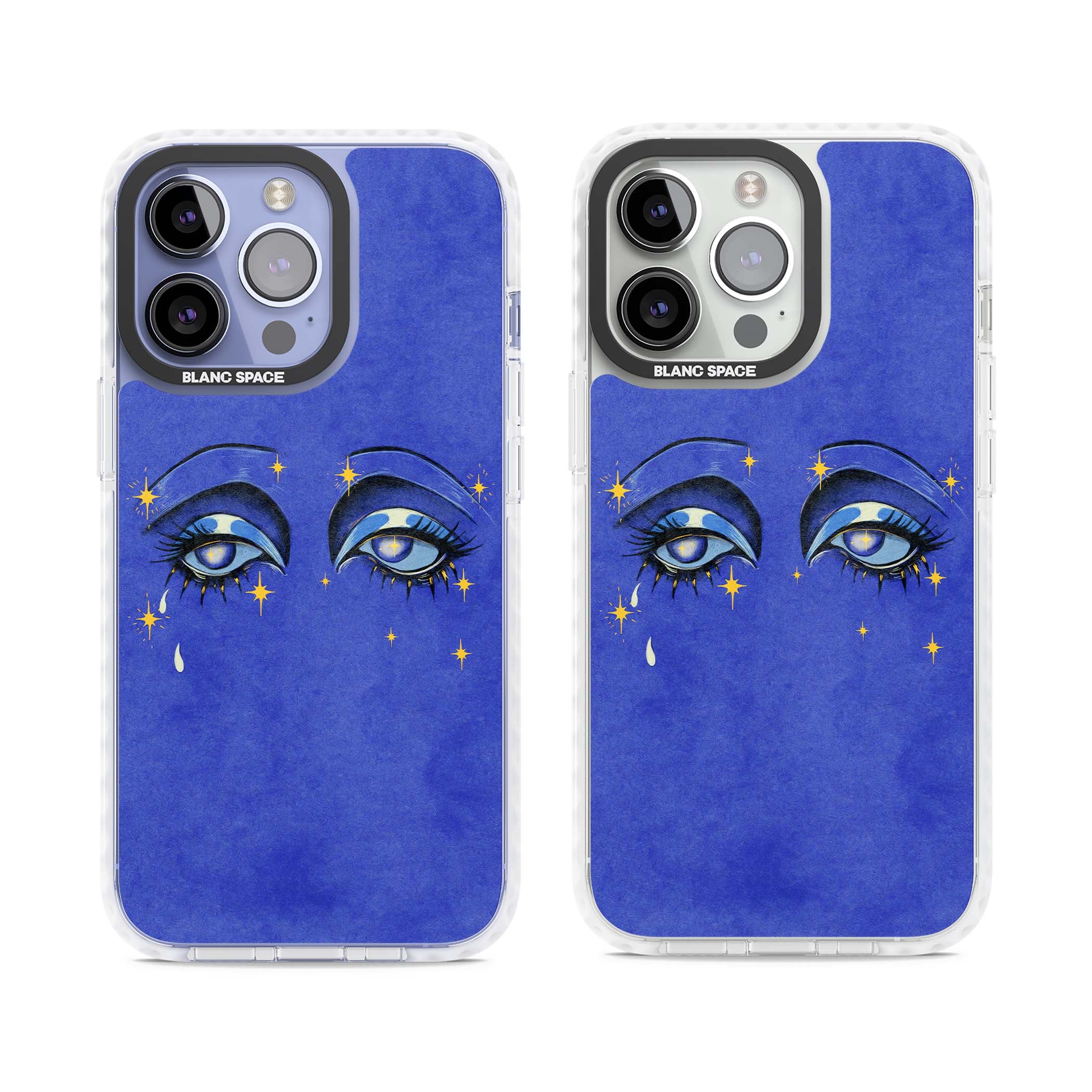 Blue Mystic Eyes celestial iPhone case featuring hand drawn blue mystical eyes, golden stars and a painted tear on indigo | Clear Impact case for iPhone 13 Pro, iPhone 14 Pro, iPhone 15 Pro