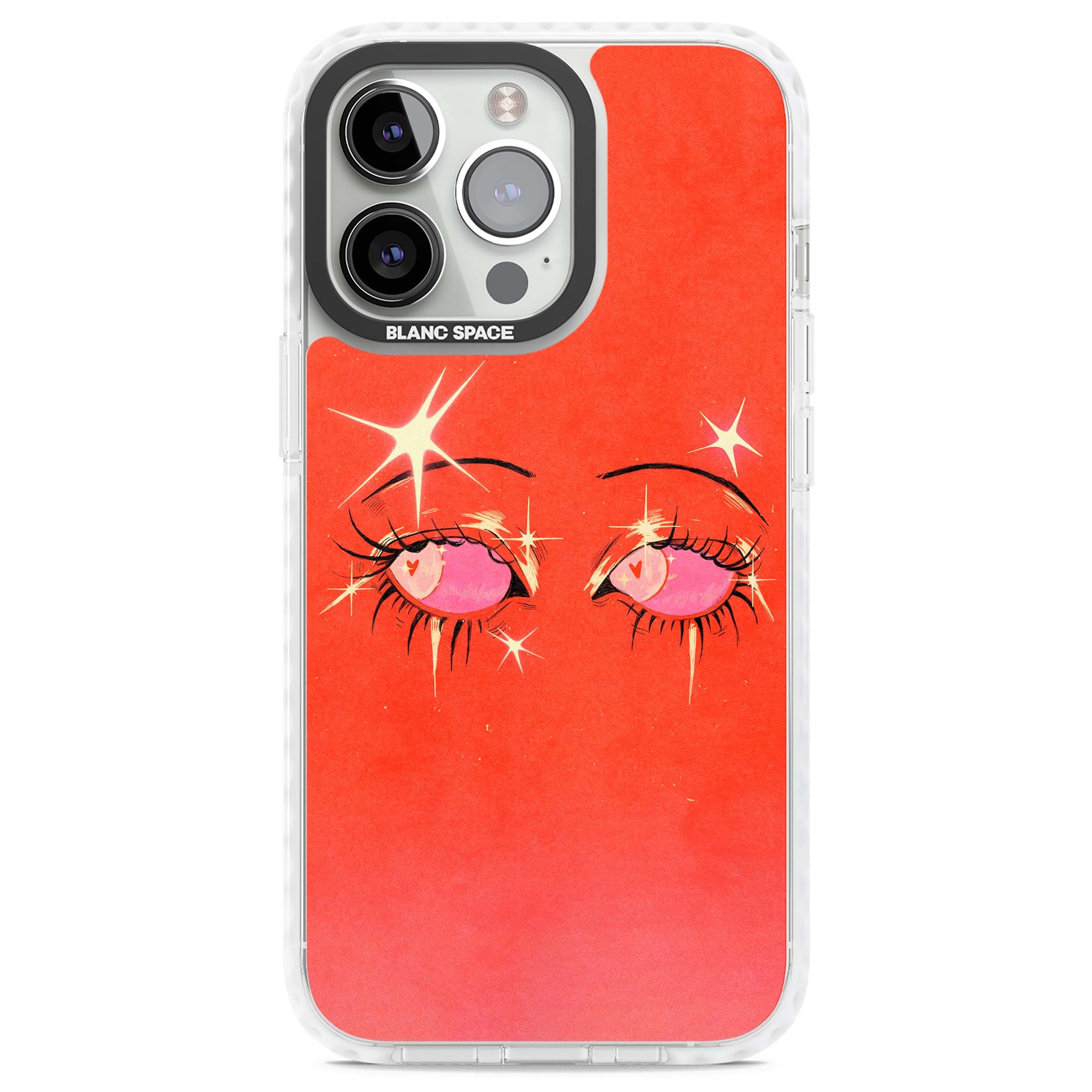 Pink Ethereal Eyes anime iPhone case featuring hand-drawn sparkly eyes with pink hearts and gold stars on red | Clear Impact case for iPhone 13 Pro, iPhone 14 Pro, iPhone 15 Pro