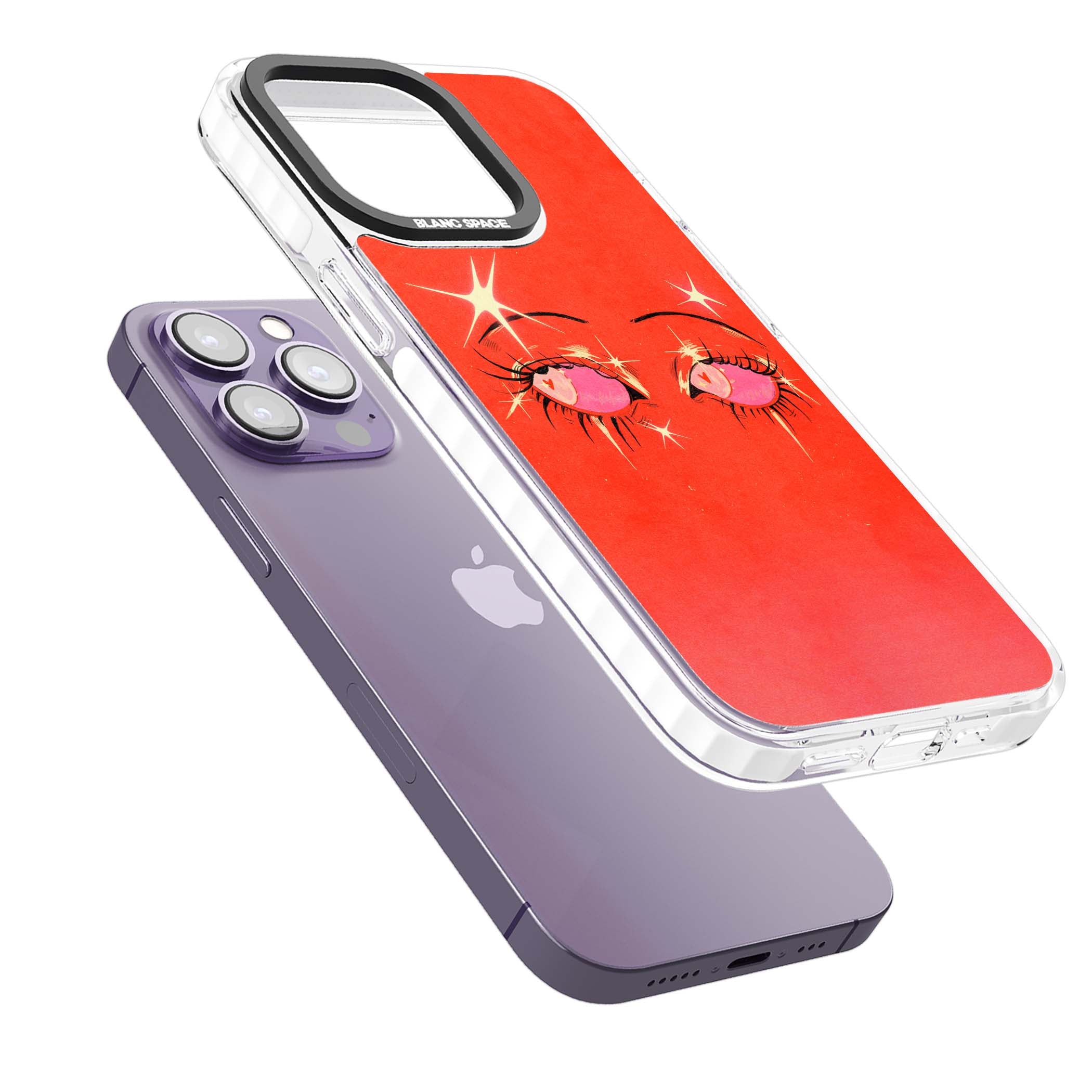 Pink Ethereal Eyes anime iPhone case featuring hand-drawn sparkly eyes with pink hearts and gold stars on red | Clear Impact case for iPhone 13 Pro, iPhone 14 Pro, iPhone 15 Pro