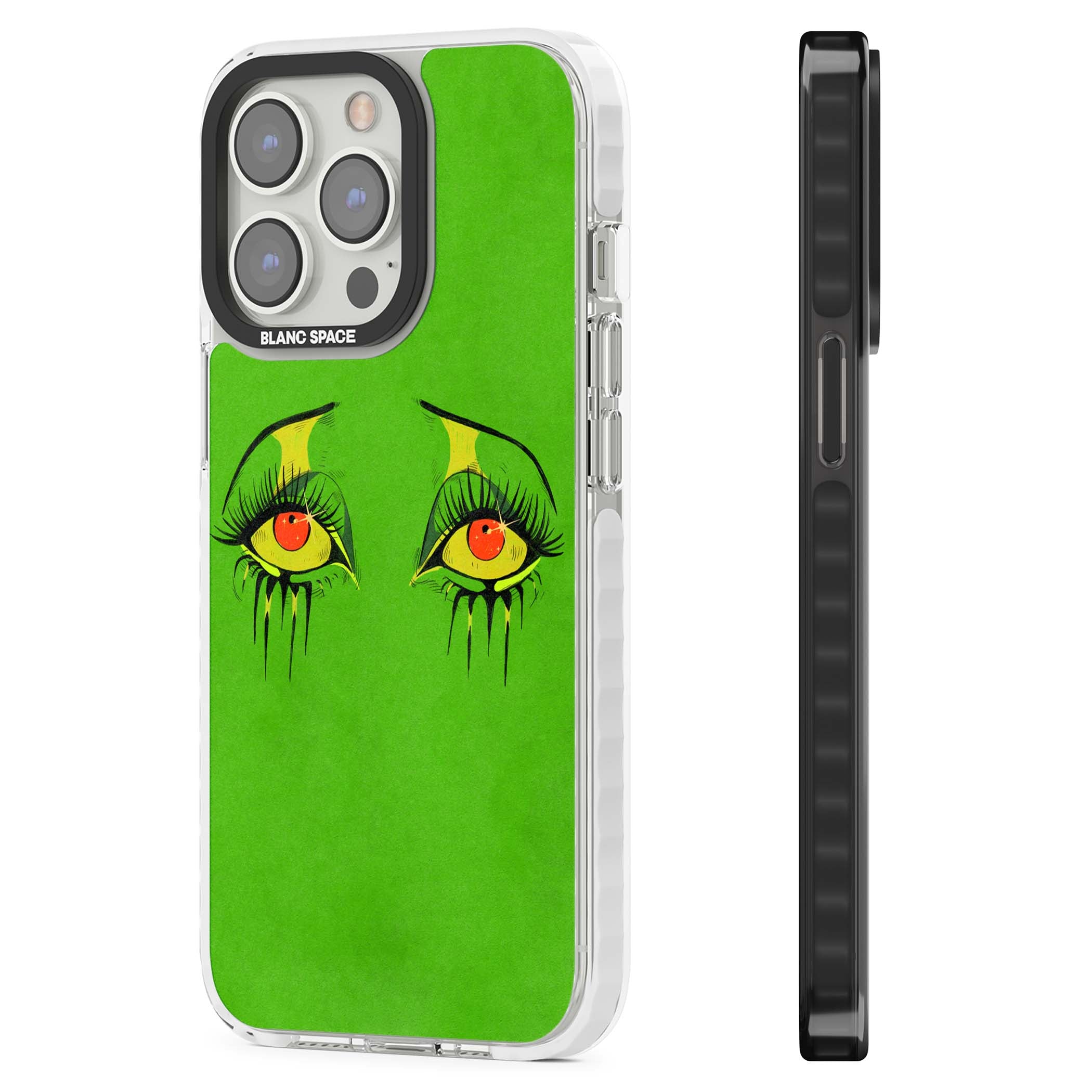 Green Enchanted Eyes psychedelic art iPhone case featuring hand-drawn dripping eyes on neon green background | Clear Impact case for iPhone 13 Pro, iPhone 14 Pro, iPhone 15 Pro
