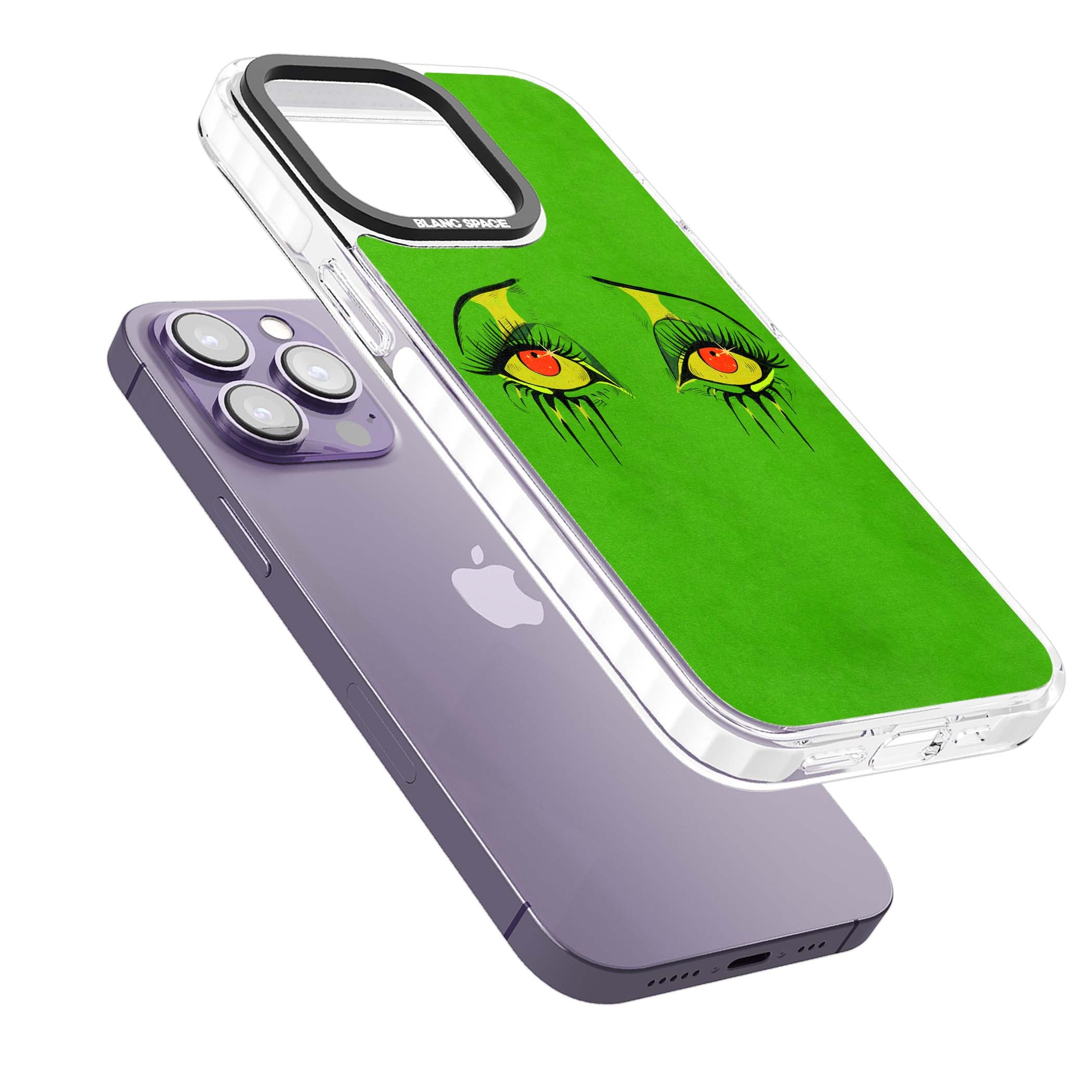 Green Enchanted Eyes psychedelic art iPhone case featuring hand-drawn dripping eyes on neon green background | Clear Impact case for iPhone 13 Pro, iPhone 14 Pro, iPhone 15 Pro