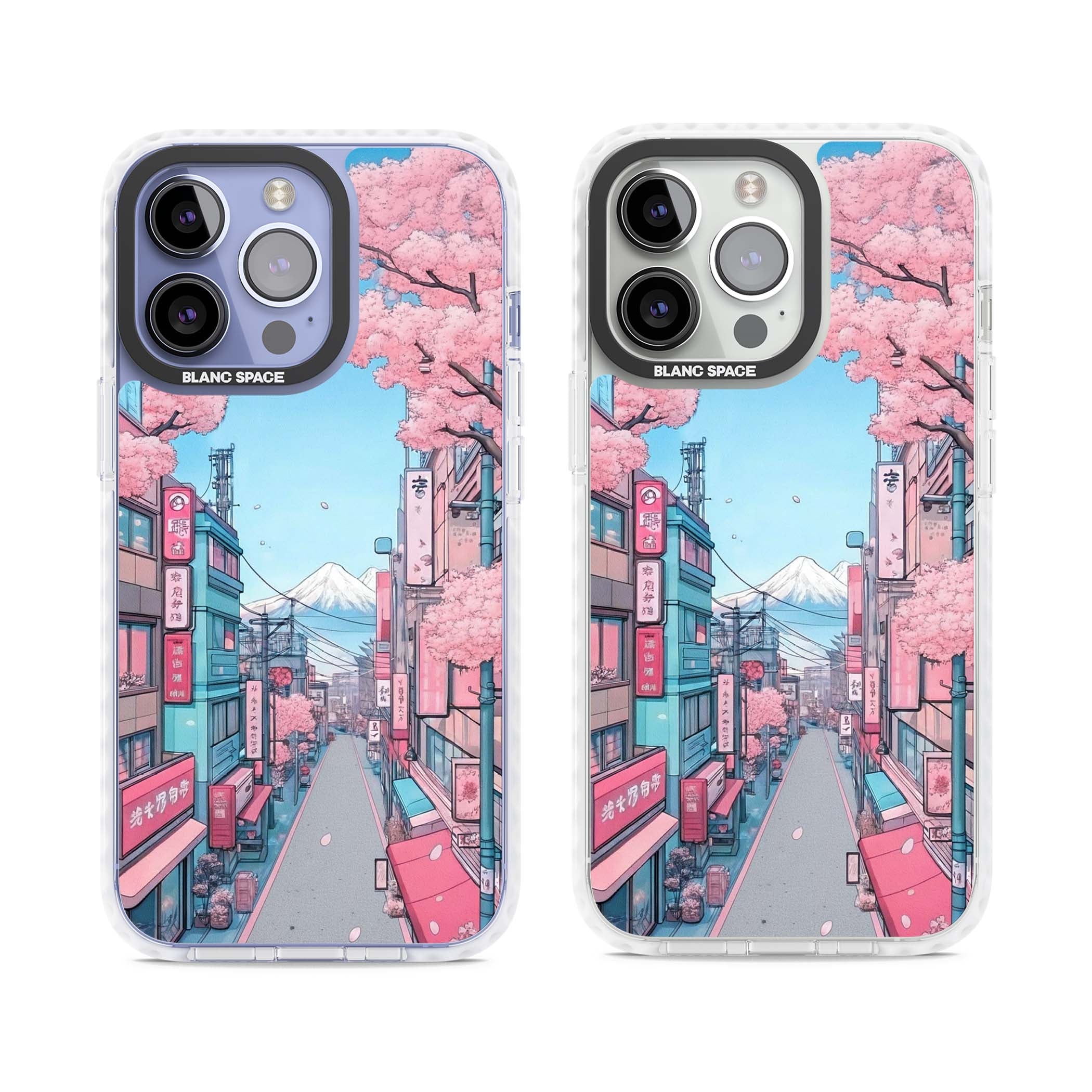 Sakura Lane anime iPhone case featuring Tokyo street scene with cherry blossoms and Mount Fuji | Clear Impact case for iPhone 13 Pro, iPhone 14 Pro, iPhone 15 Pro