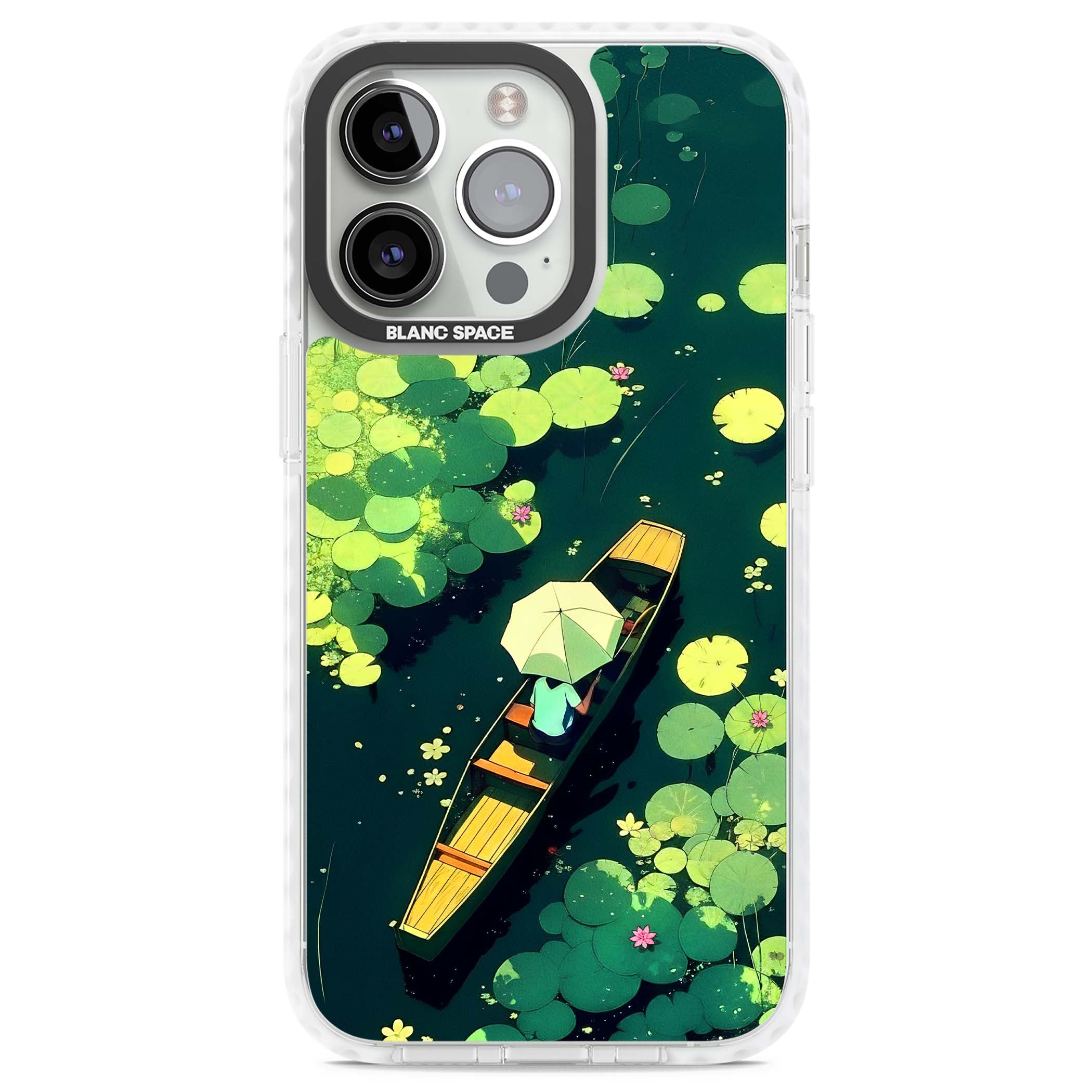 Jade Waters cottagecore iPhone case featuring a painted lily pond, wooden boat with parasol and floating water lilies | Clear Impact case for iPhone 13 Pro, iPhone 14 Pro, iPhone 15 Pro