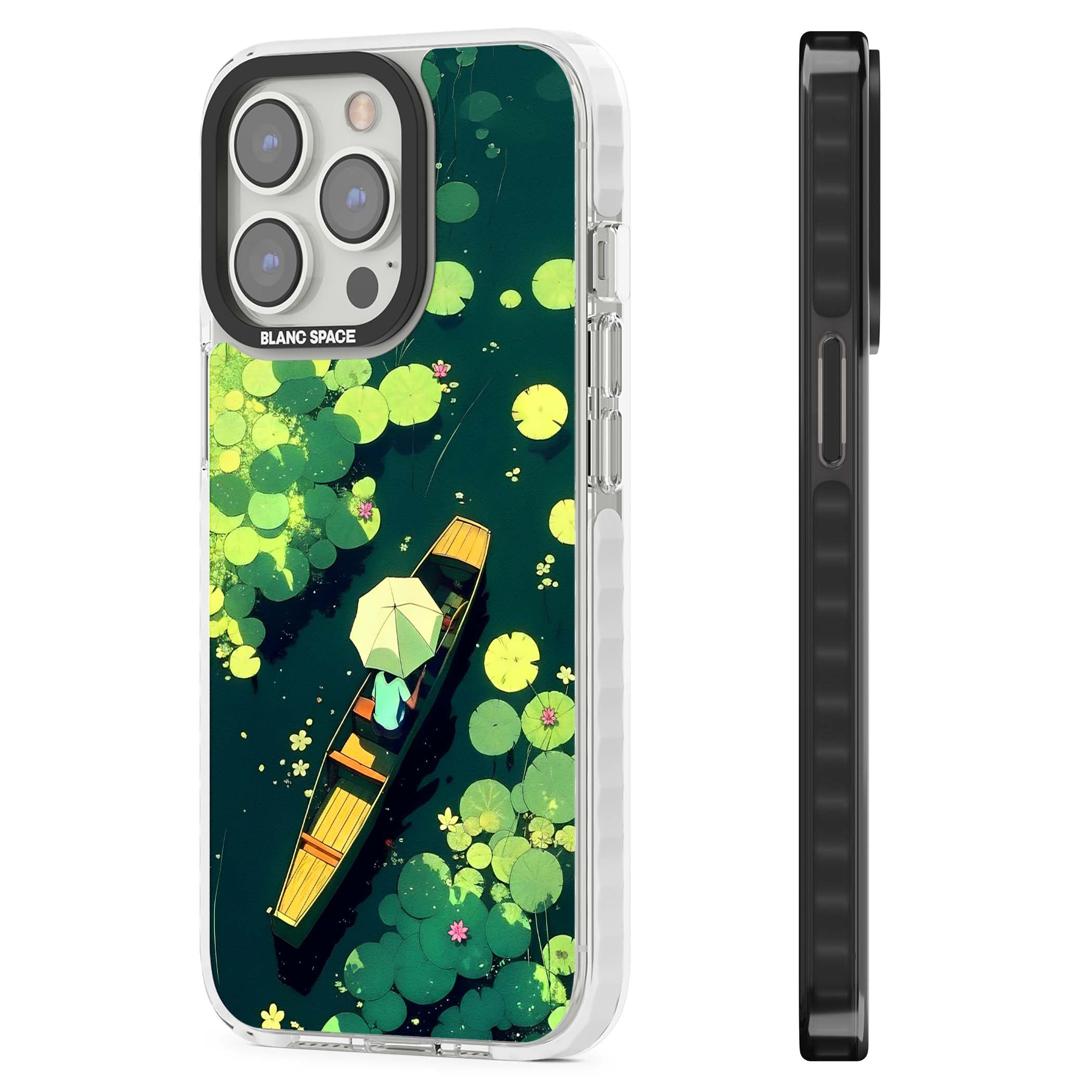 Jade Waters cottagecore iPhone case featuring a painted lily pond, wooden boat with parasol and floating water lilies | Clear Impact case for iPhone 13 Pro, iPhone 14 Pro, iPhone 15 Pro