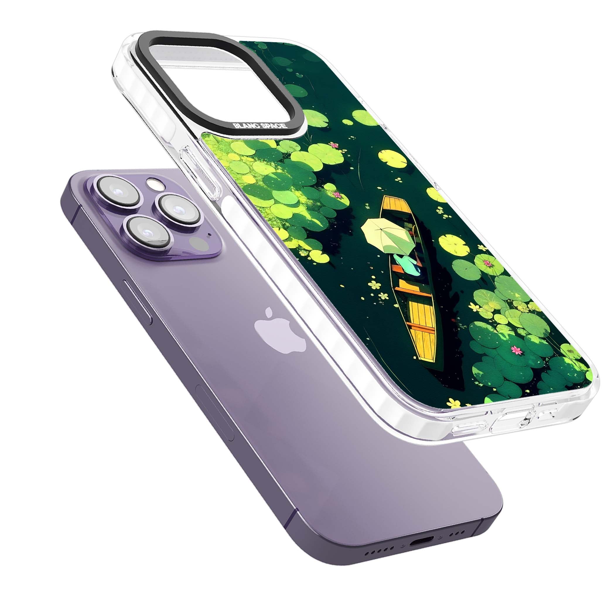 Jade Waters cottagecore iPhone case featuring a painted lily pond, wooden boat with parasol and floating water lilies | Clear Impact case for iPhone 13 Pro, iPhone 14 Pro, iPhone 15 Pro