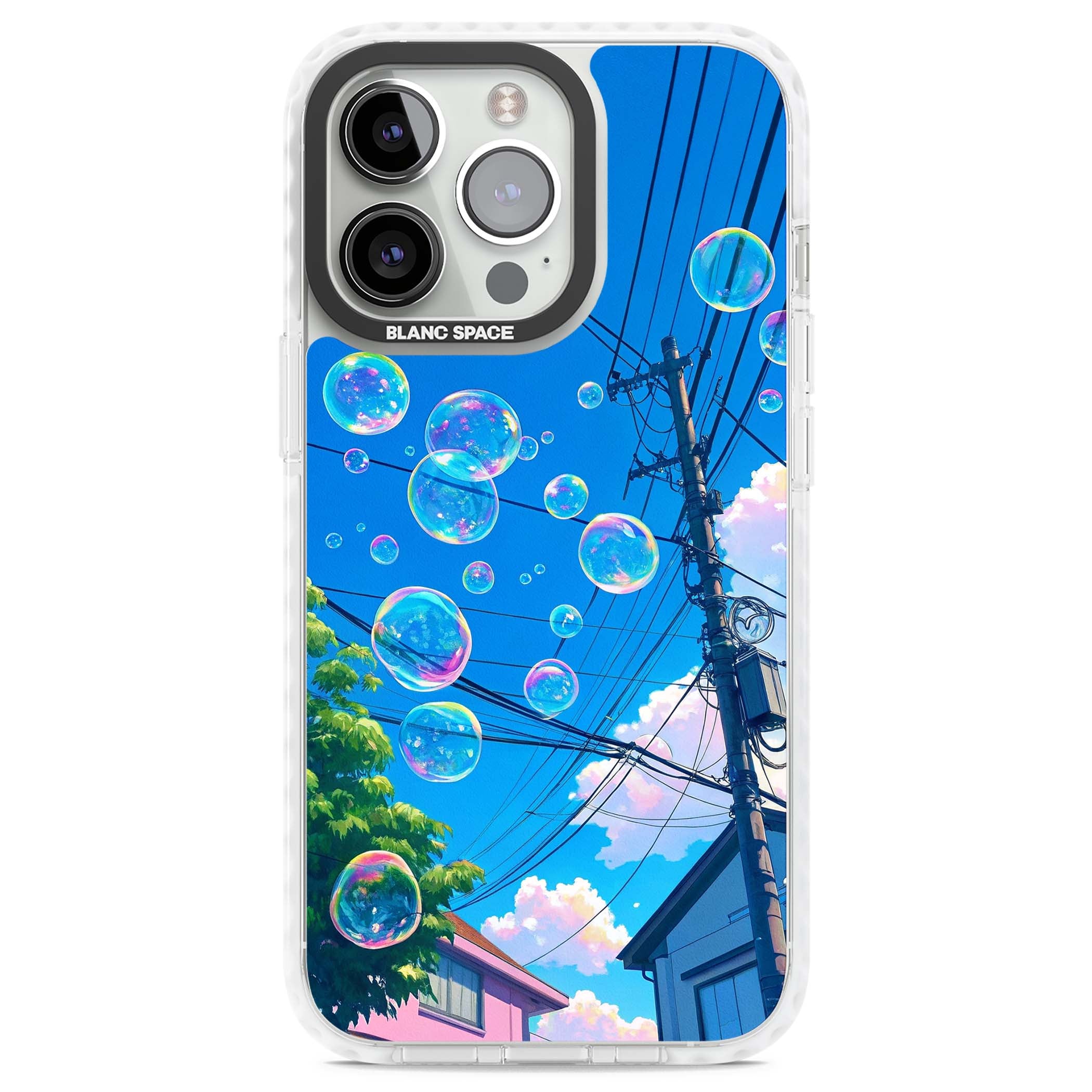 Suburban Bubbles anime iPhone case featuring iridescent soap bubbles, blue sky and Japanese telephone wires | Clear Impact case for iPhone 13 Pro, iPhone 14 Pro, iPhone 15 Pro