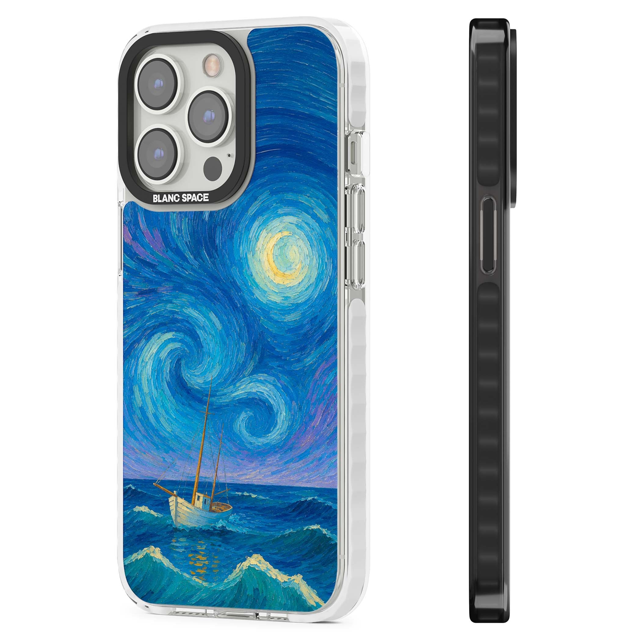 Moonlit Tide Van Gogh art iPhone case featuring swirling starry night sky, glowing moon and lone sailing boat at sea | Clear Impact case for iPhone 13 Pro, iPhone 14 Pro, iPhone 15 Pro