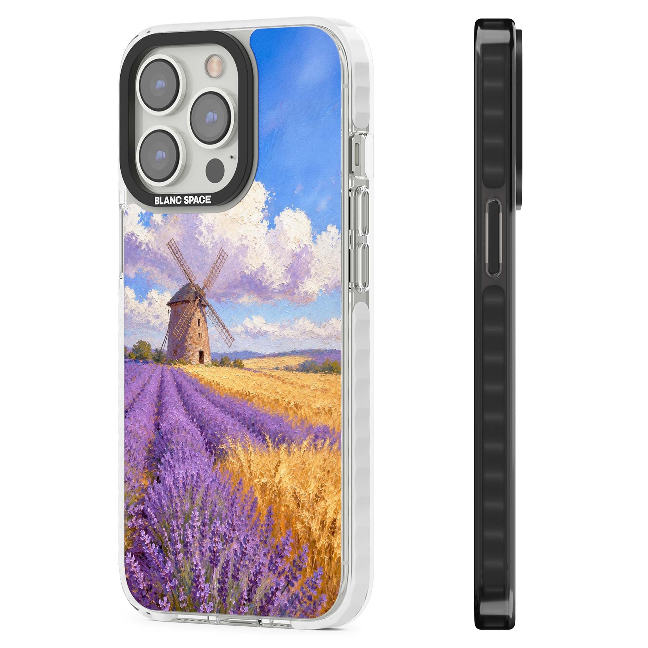 Lavender Mill cottagecore iPhone case featuring a French windmill, lavender field and golden wheat oil painting | Clear Impact case for iPhone 13 Pro, iPhone 14 Pro, iPhone 15 Pro