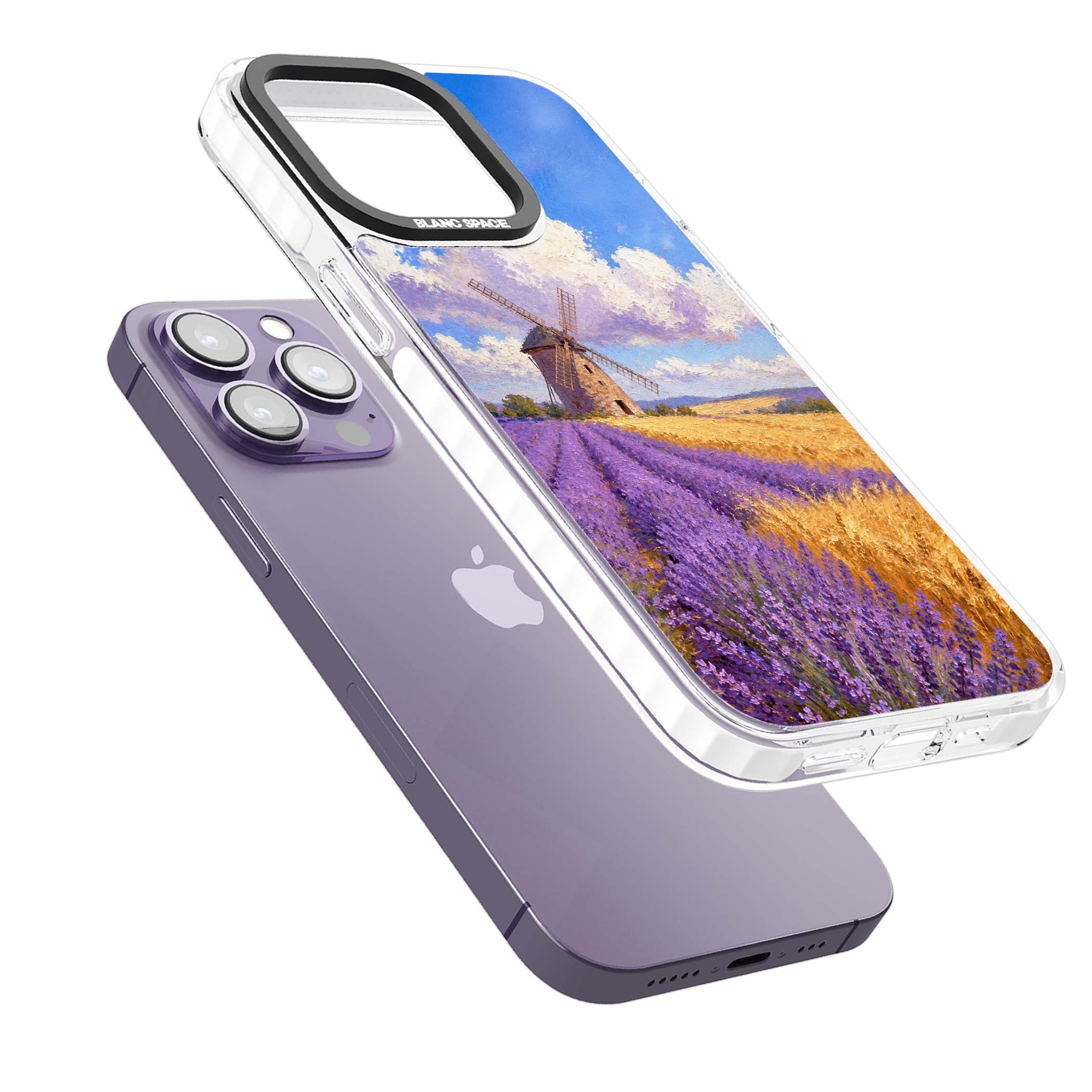 Lavender Mill cottagecore iPhone case featuring a French windmill, lavender field and golden wheat oil painting | Clear Impact case for iPhone 13 Pro, iPhone 14 Pro, iPhone 15 Pro