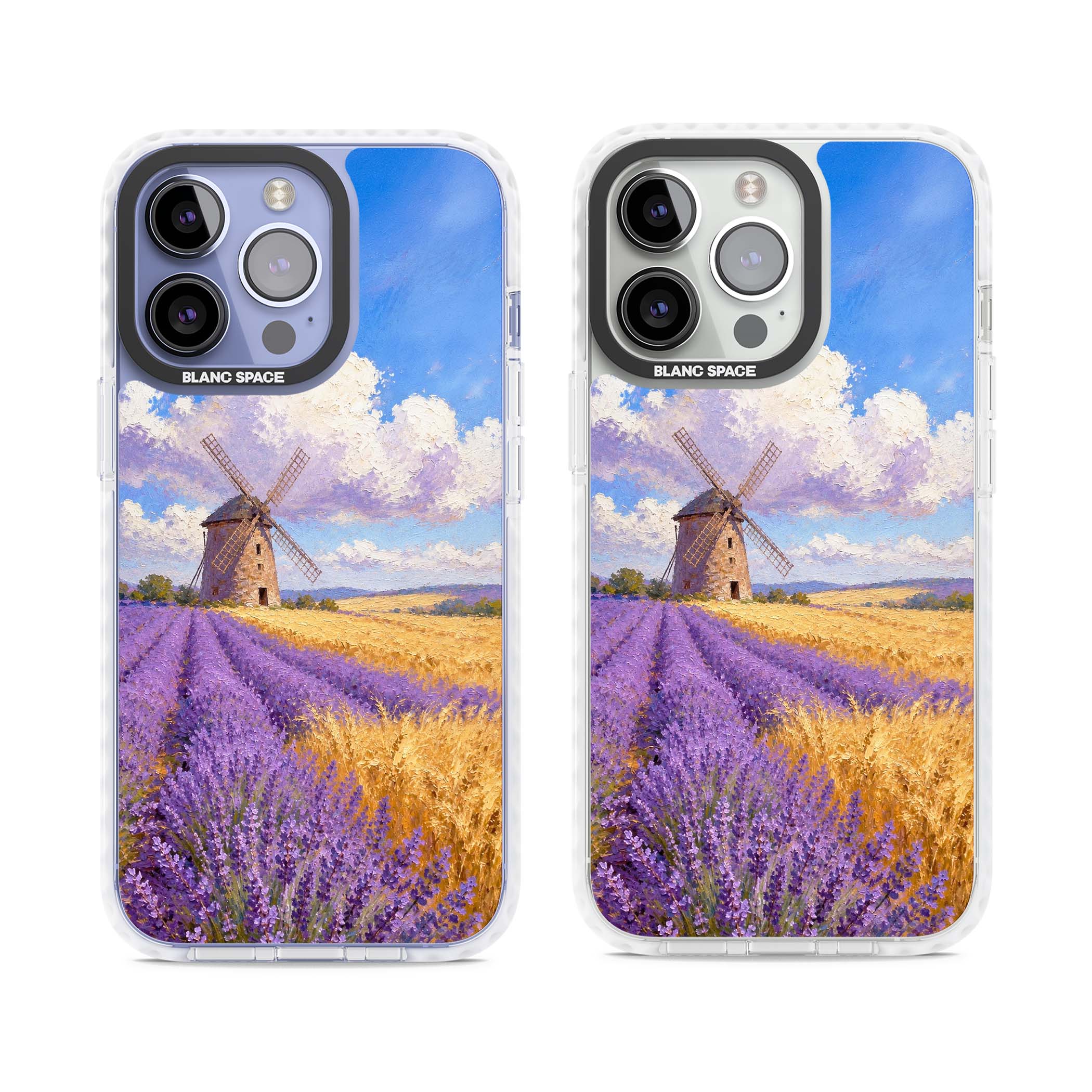 Lavender Mill cottagecore iPhone case featuring a French windmill, lavender field and golden wheat oil painting | Clear Impact case for iPhone 13 Pro, iPhone 14 Pro, iPhone 15 Pro