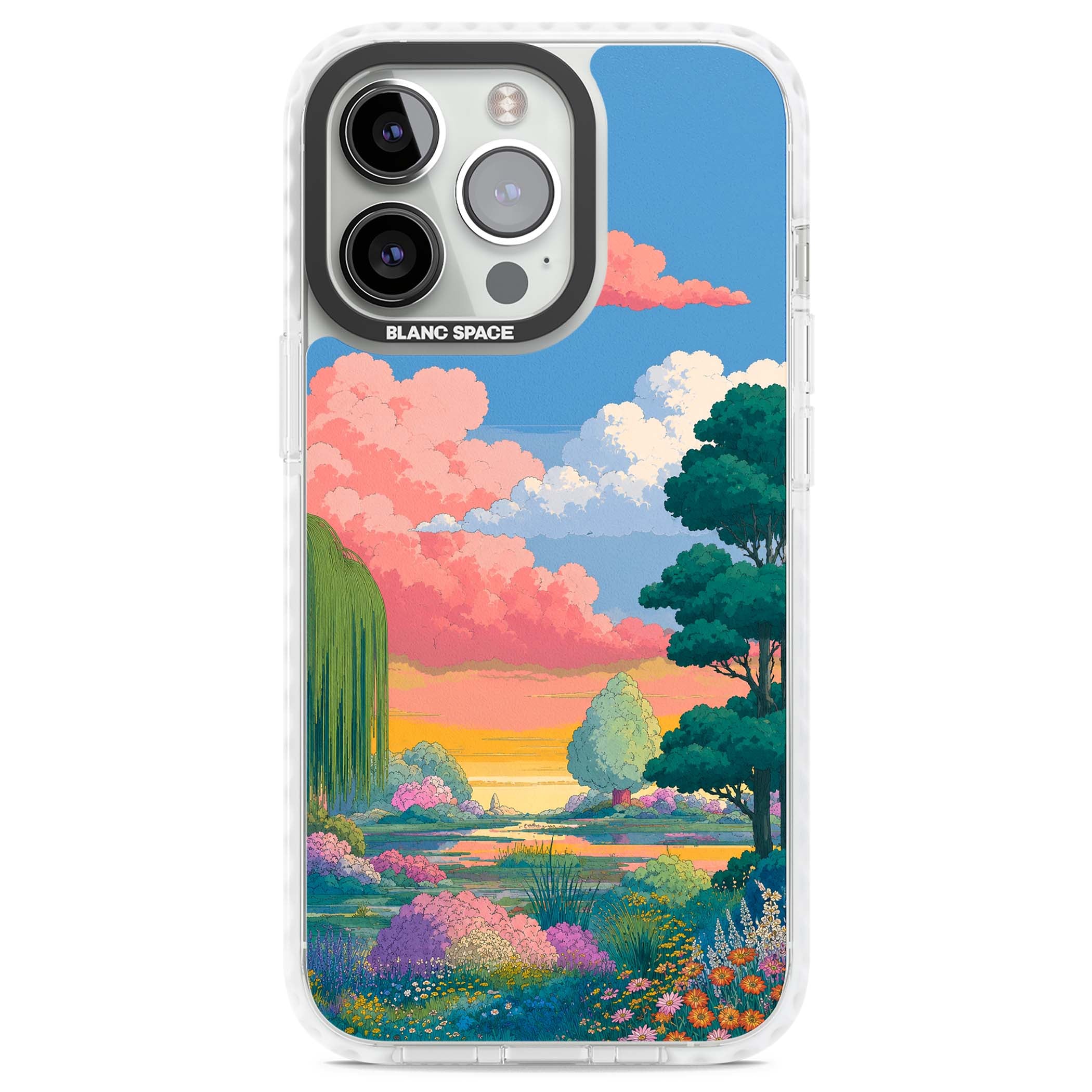 Dream Valley anime landscape iPhone case featuring pink sunset clouds, willow trees and wildflowers | Clear Impact case for iPhone 13 Pro, iPhone 14 Pro, iPhone 15 Pro