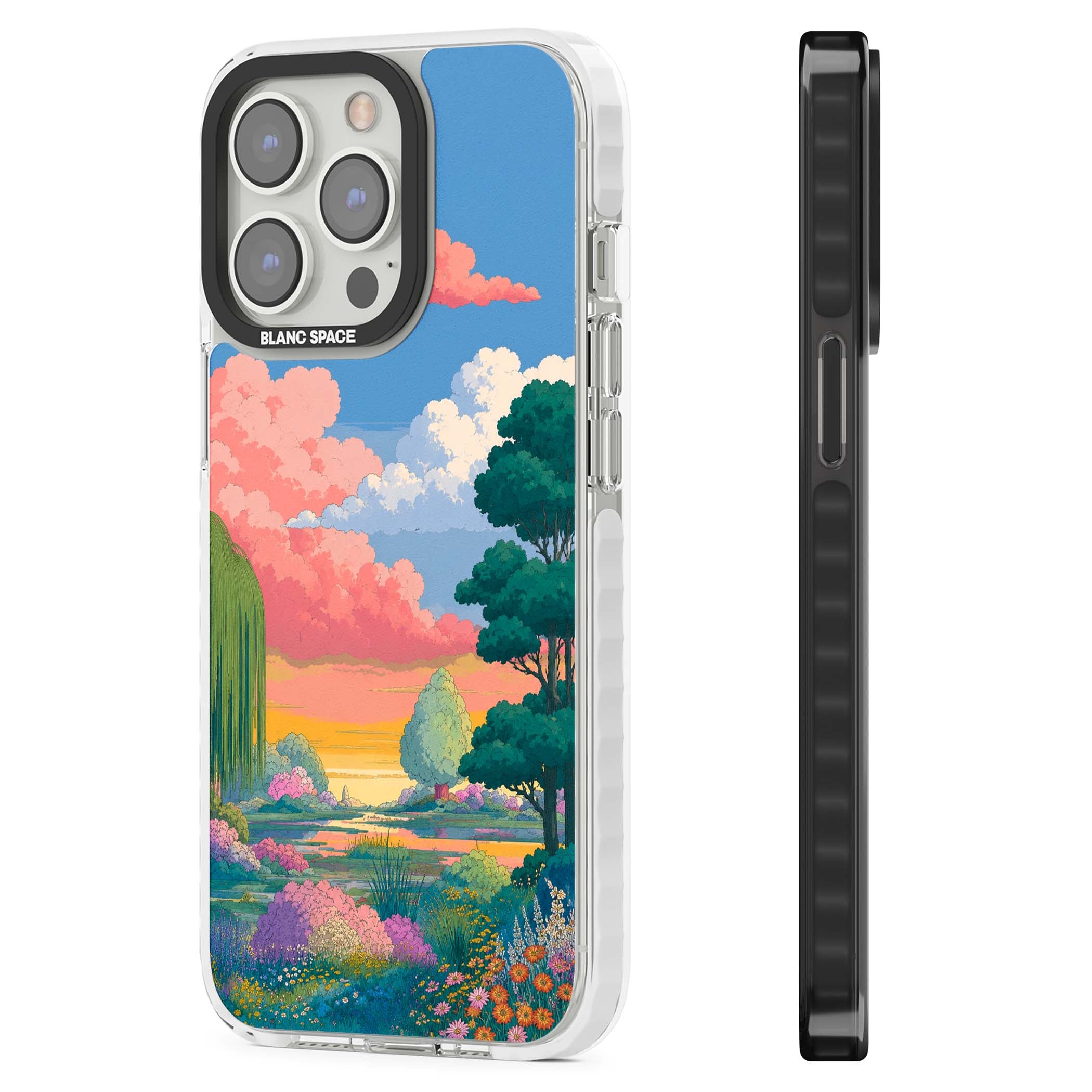Dream Valley anime landscape iPhone case featuring pink sunset clouds, willow trees and wildflowers | Clear Impact case for iPhone 13 Pro, iPhone 14 Pro, iPhone 15 Pro