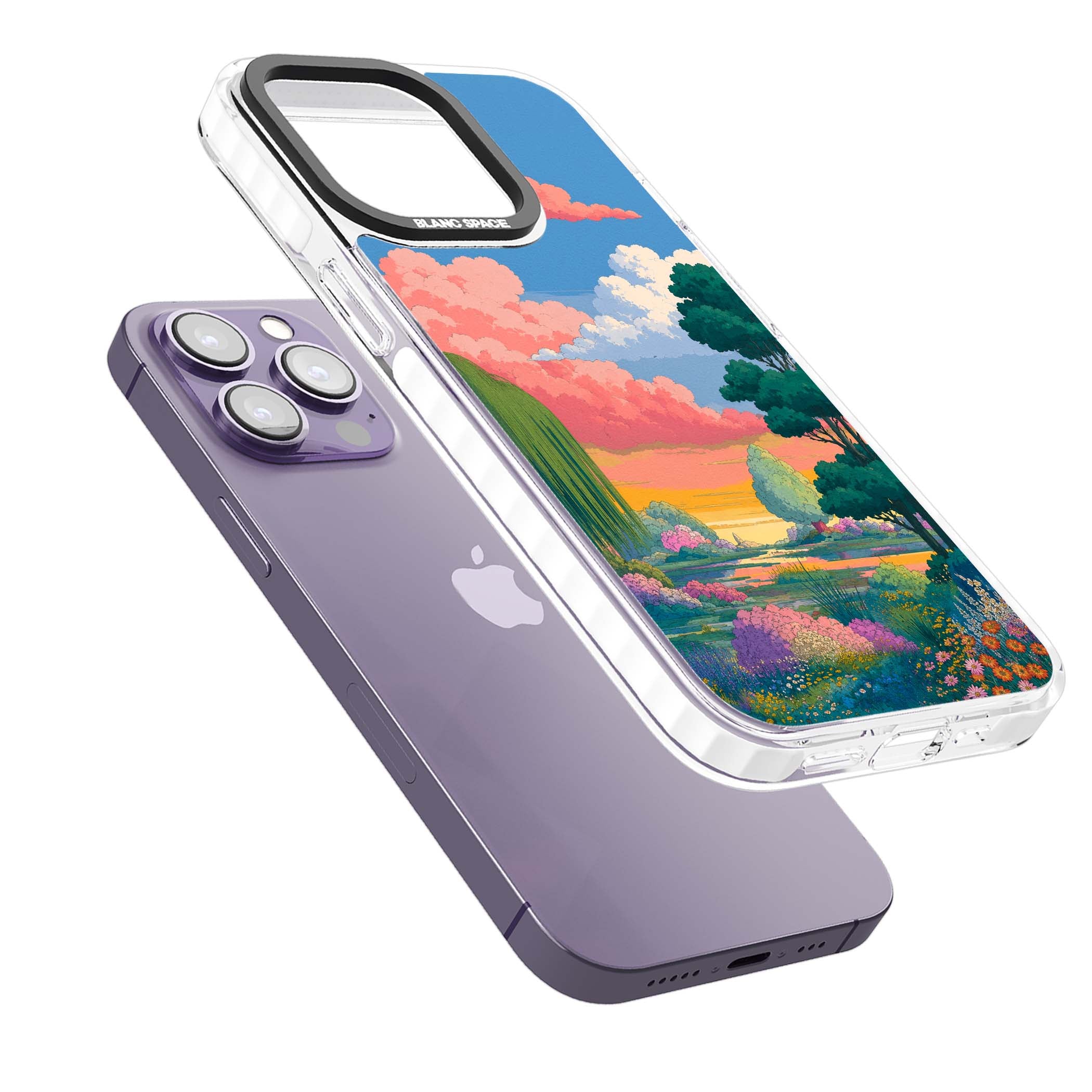 Dream Valley anime landscape iPhone case featuring pink sunset clouds, willow trees and wildflowers | Clear Impact case for iPhone 13 Pro, iPhone 14 Pro, iPhone 15 Pro