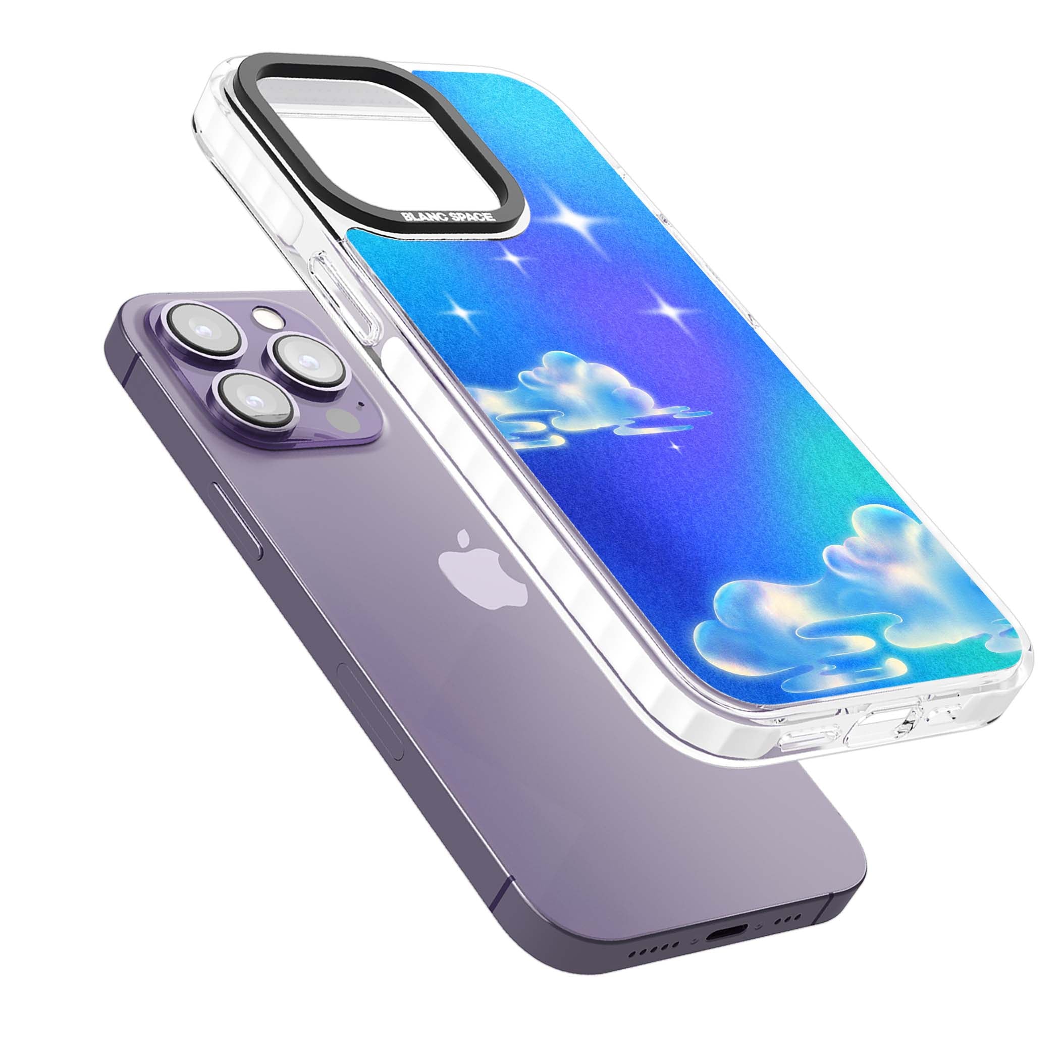 Aurora celestial iPhone case featuring dreamy iridescent clouds, sparkling stars and pastel blue purple sky | Clear Impact case for iPhone 13 Pro, iPhone 14 Pro, iPhone 15 Pro