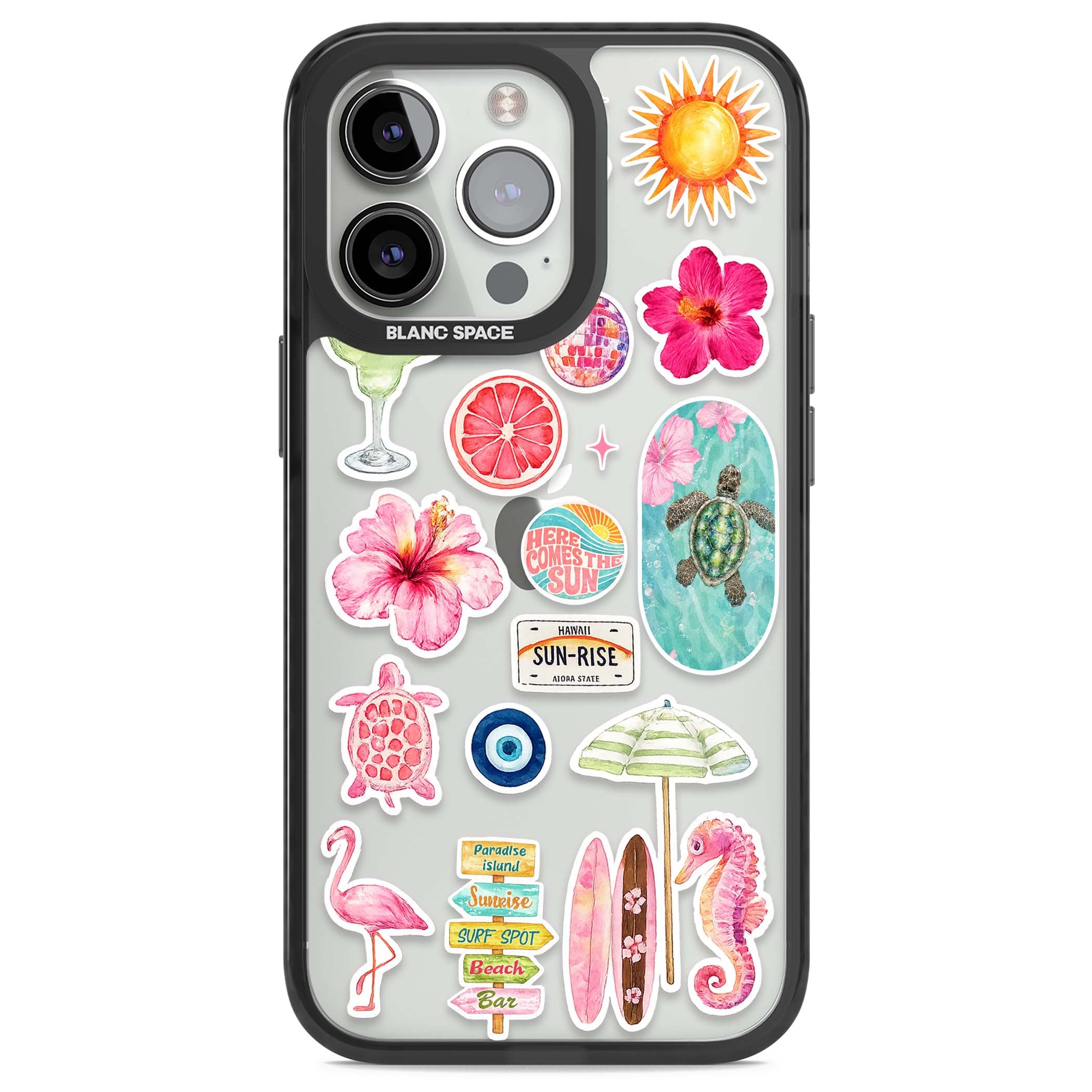 Aloha Sticker Mix tropical summer iPhone case featuring pink hibiscus, sea turtles, flamingo and beach umbrella stickers | Black Impact case for iPhone 13 Pro, iPhone 14 Pro, iPhone 15 Pro