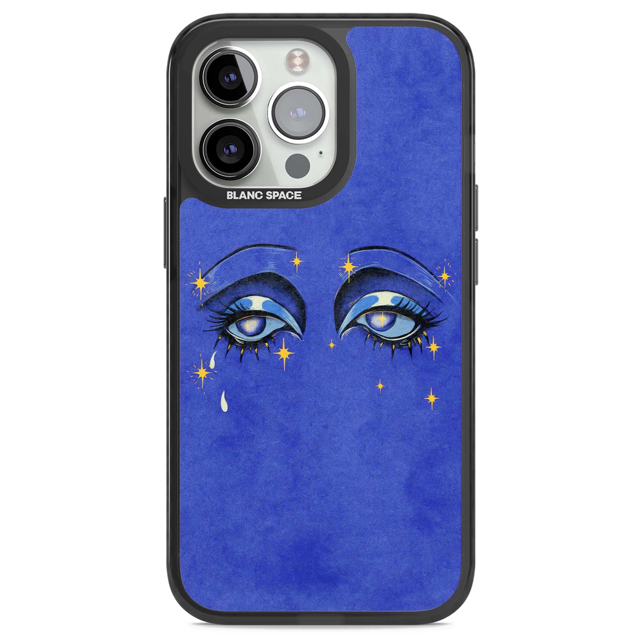 Blue Mystic Eyes celestial iPhone case featuring hand drawn blue mystical eyes, golden stars and a painted tear on indigo | Black Impact case for iPhone 13 Pro, iPhone 14 Pro, iPhone 15 Pro