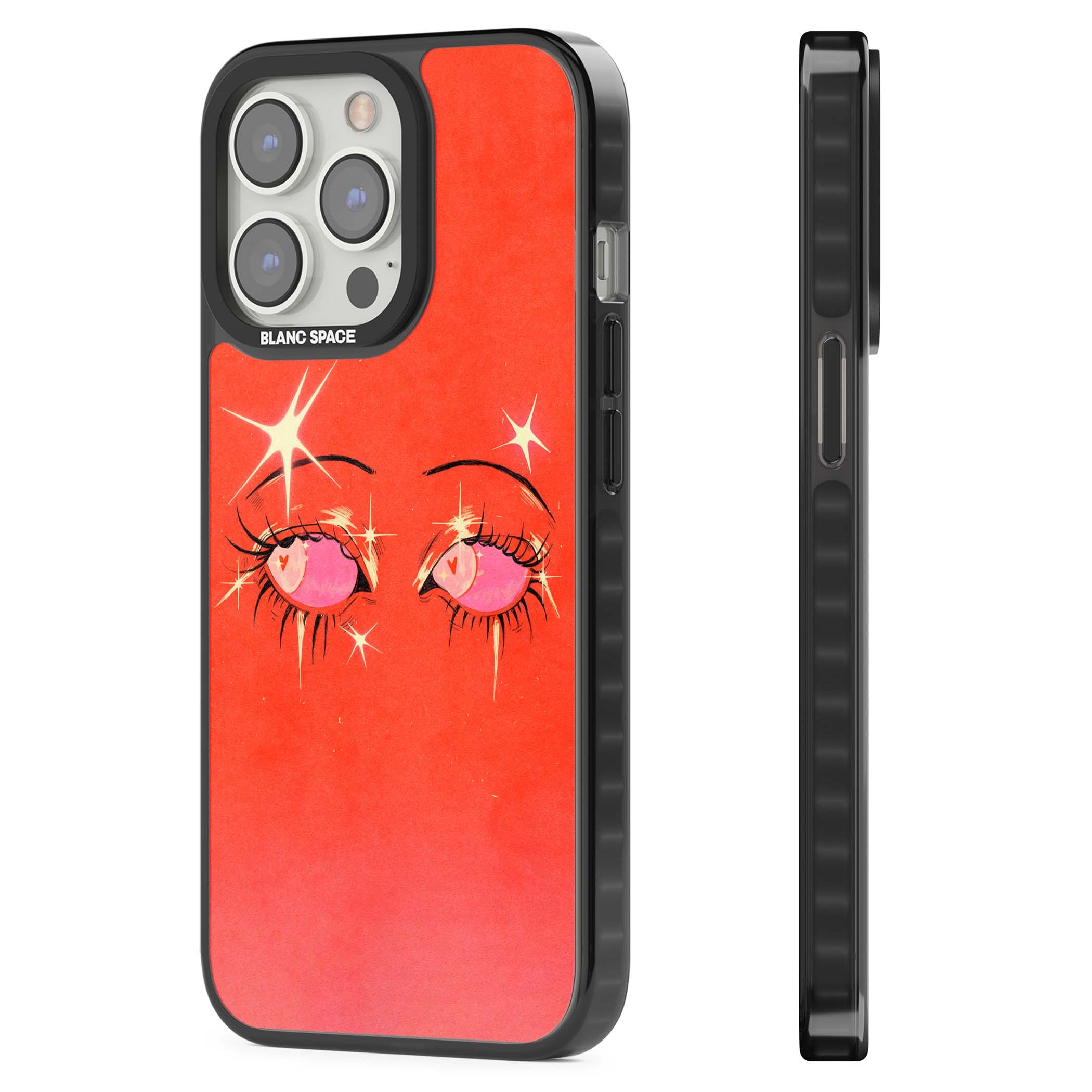 Pink Ethereal Eyes anime iPhone case featuring hand-drawn sparkly eyes with pink hearts and gold stars on red | Black Impact case for iPhone 13 Pro, iPhone 14 Pro, iPhone 15 Pro