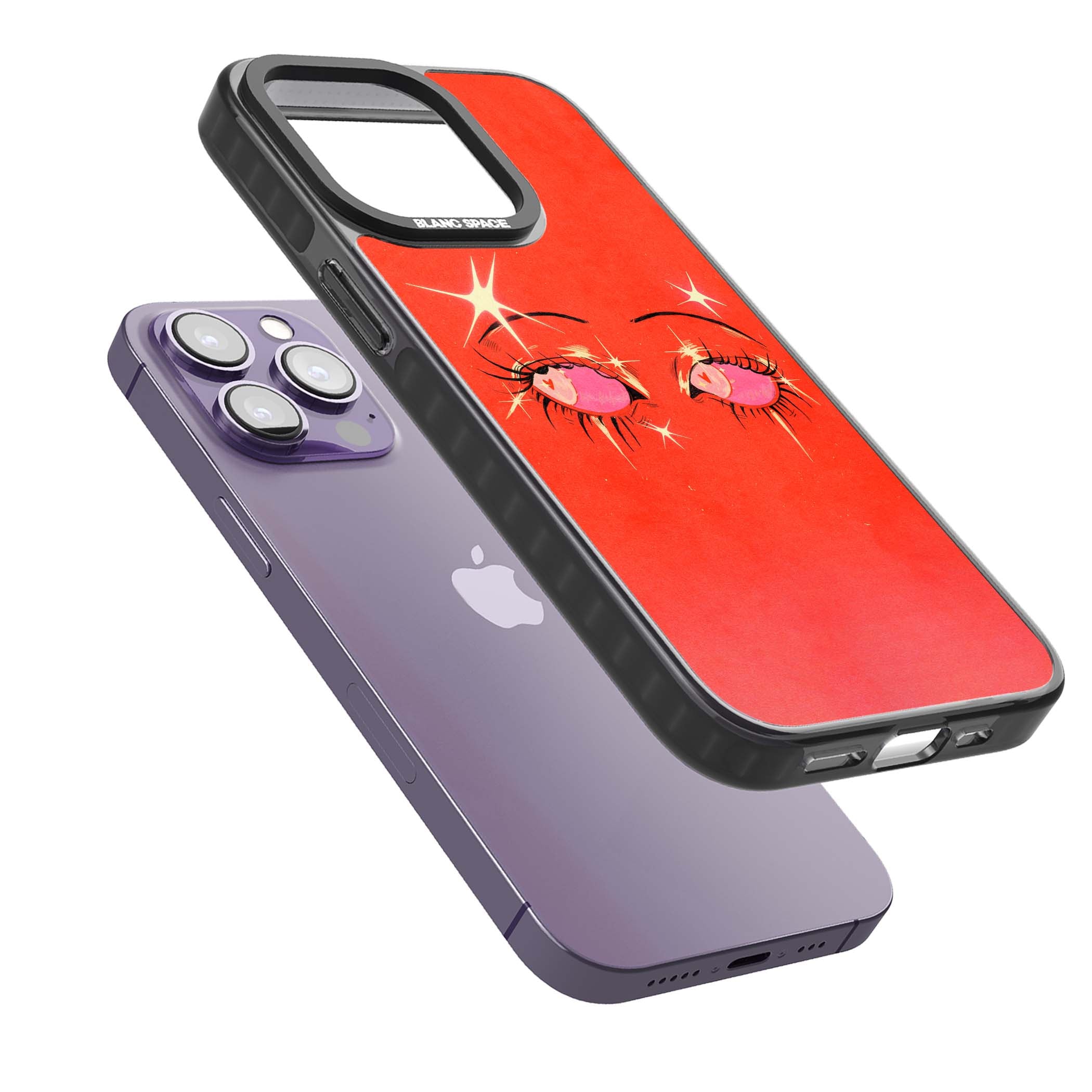 Pink Ethereal Eyes anime iPhone case featuring hand-drawn sparkly eyes with pink hearts and gold stars on red | Black Impact case for iPhone 13 Pro, iPhone 14 Pro, iPhone 15 Pro