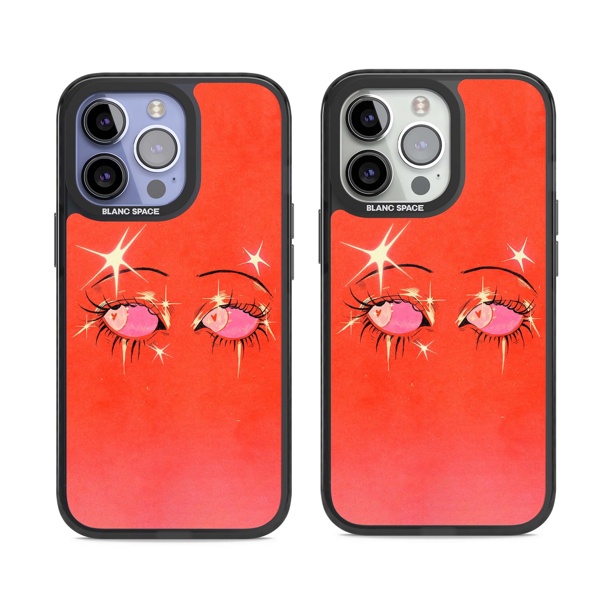Pink Ethereal Eyes anime iPhone case featuring hand-drawn sparkly eyes with pink hearts and gold stars on red | Black Impact case for iPhone 13 Pro, iPhone 14 Pro, iPhone 15 Pro