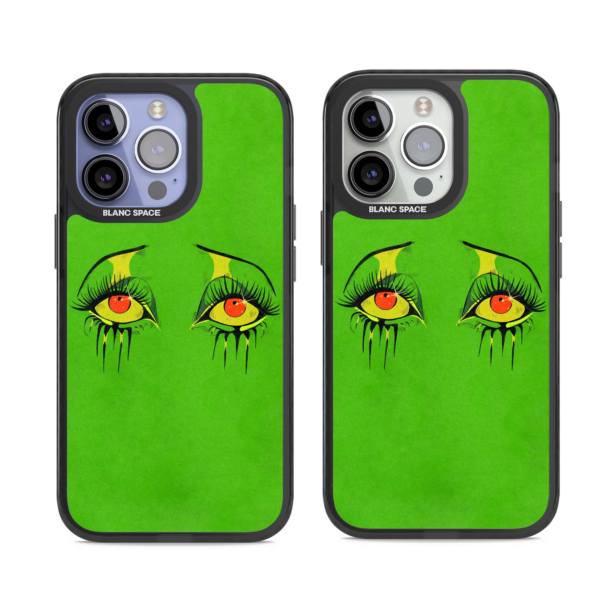 Green Enchanted Eyes psychedelic art iPhone case featuring hand-drawn dripping eyes on neon green background | Black Impact case for iPhone 13 Pro, iPhone 14 Pro, iPhone 15 Pro