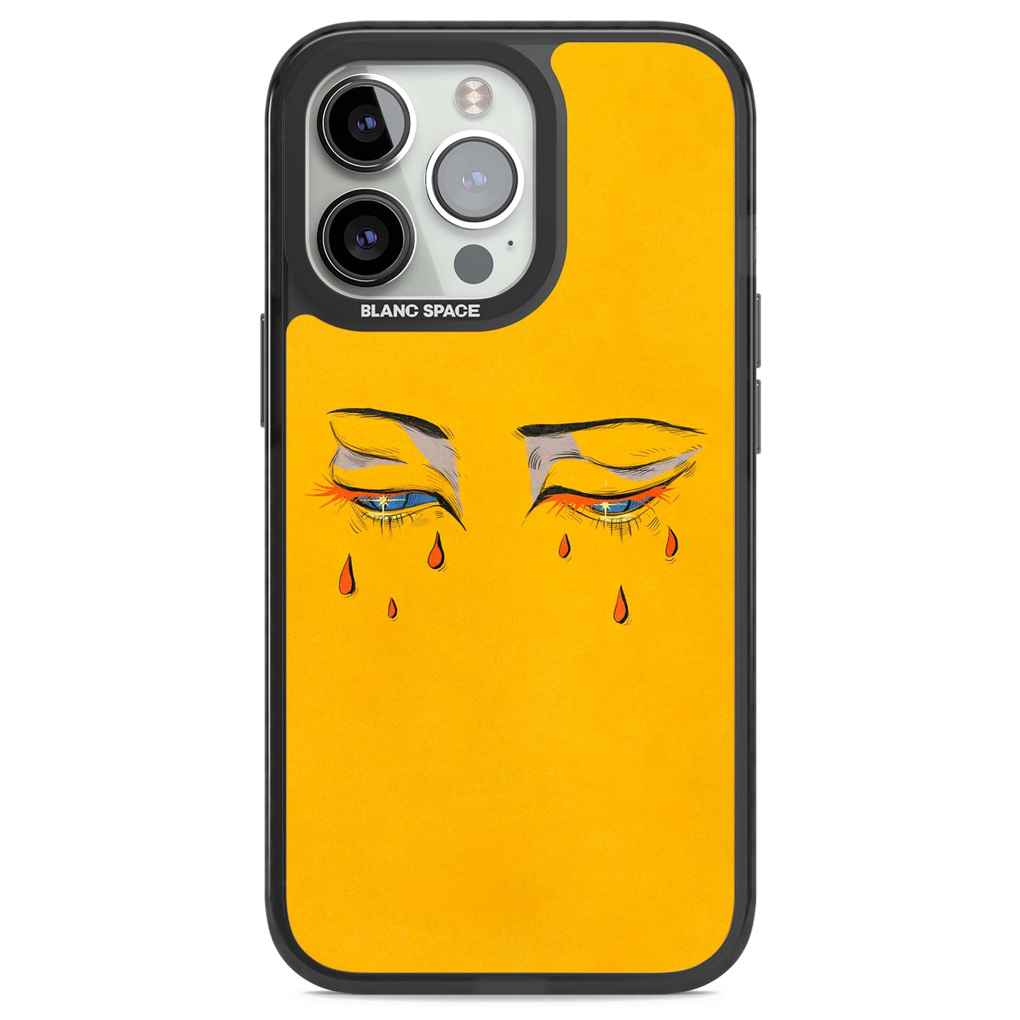 Yellow Tearful Eyes indie iPhone case featuring hand-drawn crying eyes with orange tears on a yellow background | Black Impact case for iPhone 13 Pro, iPhone 14 Pro, iPhone 15 Pro
