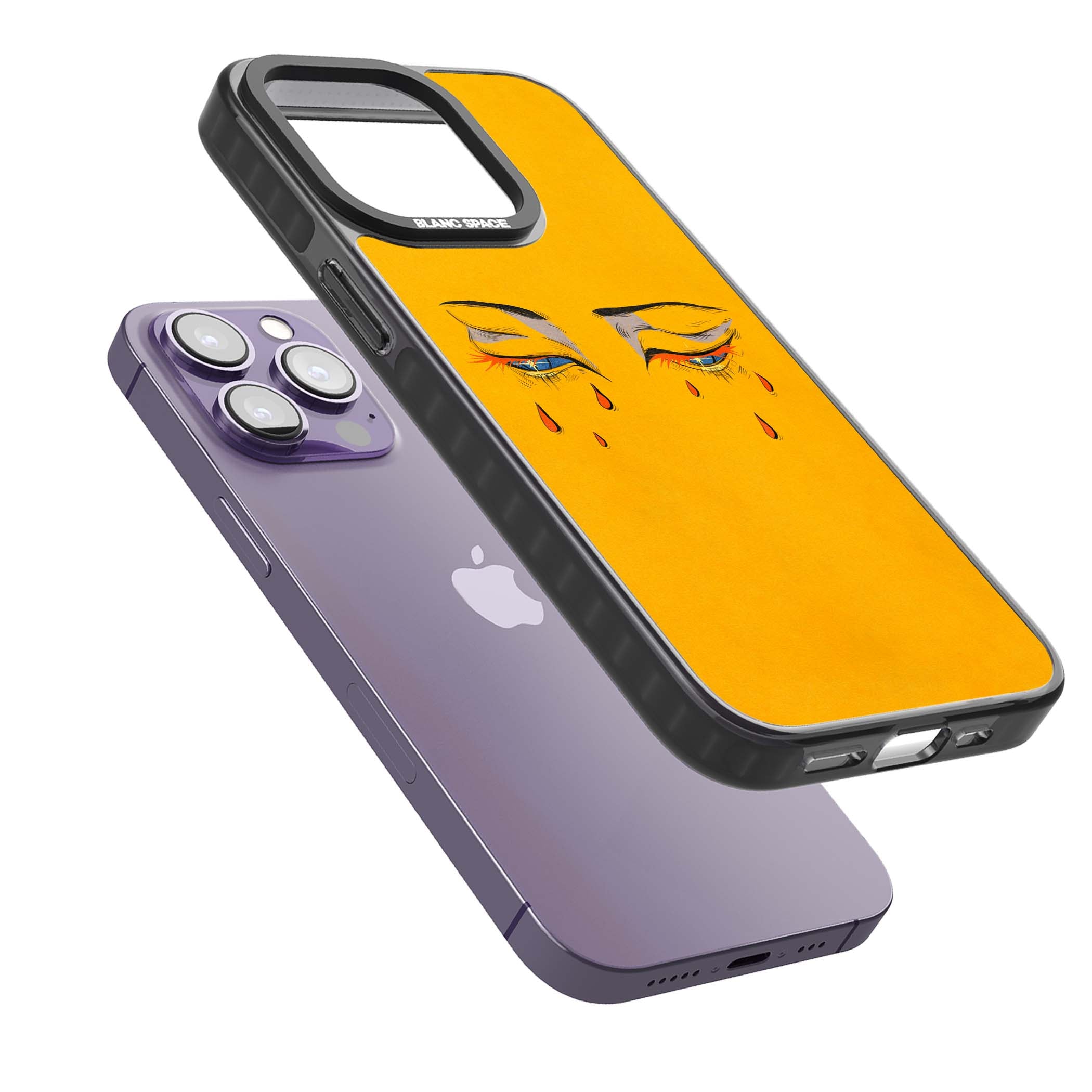 Yellow Tearful Eyes indie iPhone case featuring hand-drawn crying eyes with orange tears on a yellow background | Black Impact case for iPhone 13 Pro, iPhone 14 Pro, iPhone 15 Pro