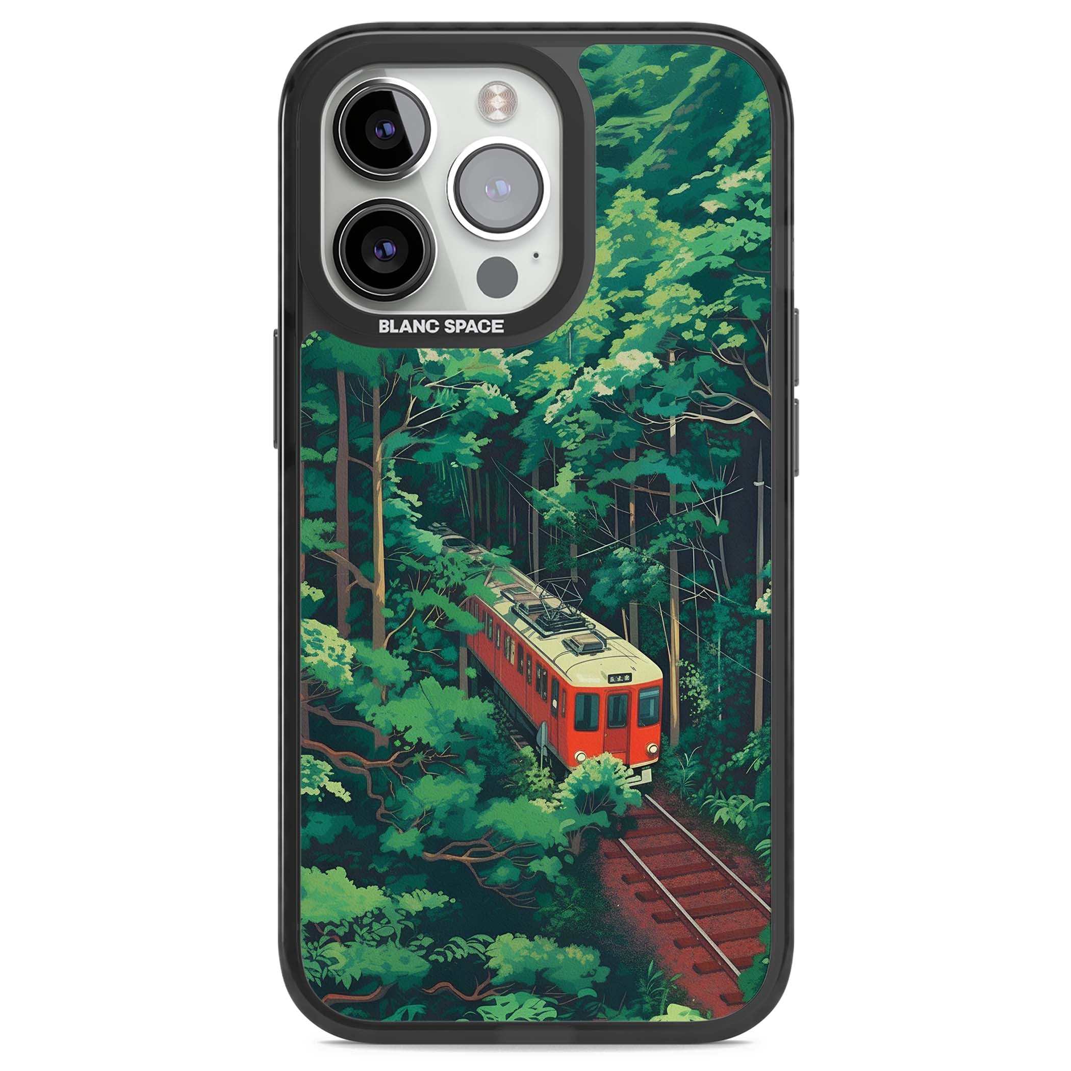 Railway In Toyama Japanese iPhone case featuring a red train, cedar forest and winding mountain railway tracks | Black Impact case for iPhone 13 Pro, iPhone 14 Pro, iPhone 15 Pro