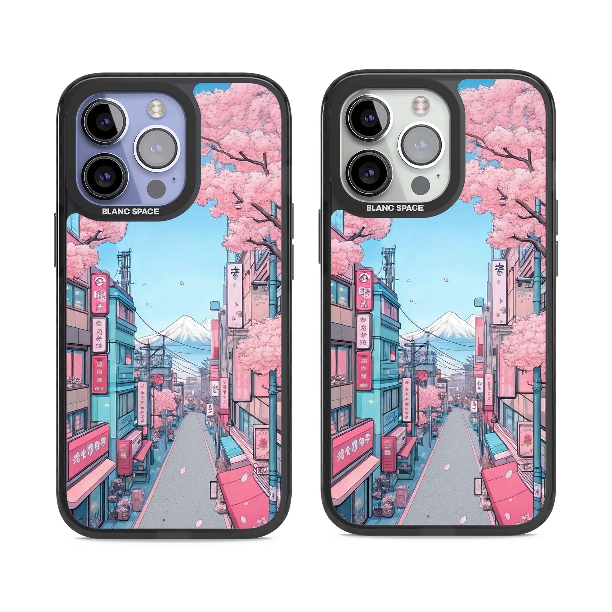 Sakura Lane anime iPhone case featuring Tokyo street scene with cherry blossoms and Mount Fuji | Black Impact case for iPhone 13 Pro, iPhone 14 Pro, iPhone 15 Pro