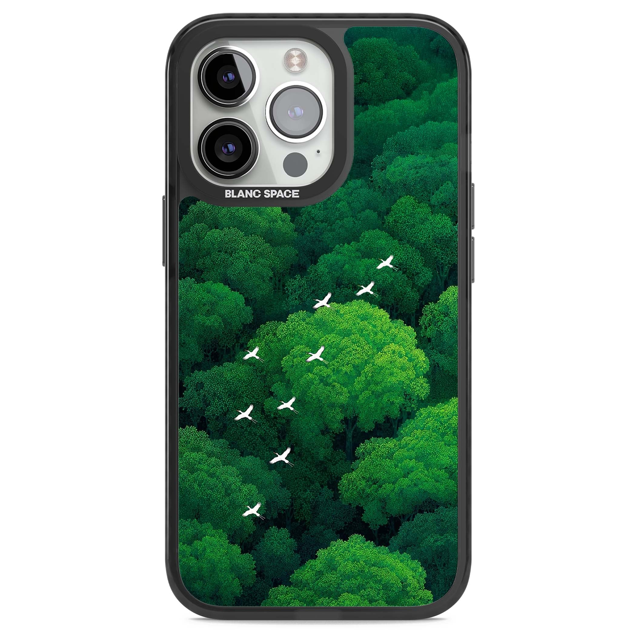 Grove Migration forest iPhone case featuring white cranes flying over lush green treetop canopy | Black Impact case for iPhone 13 Pro, iPhone 14 Pro, iPhone 15 Pro