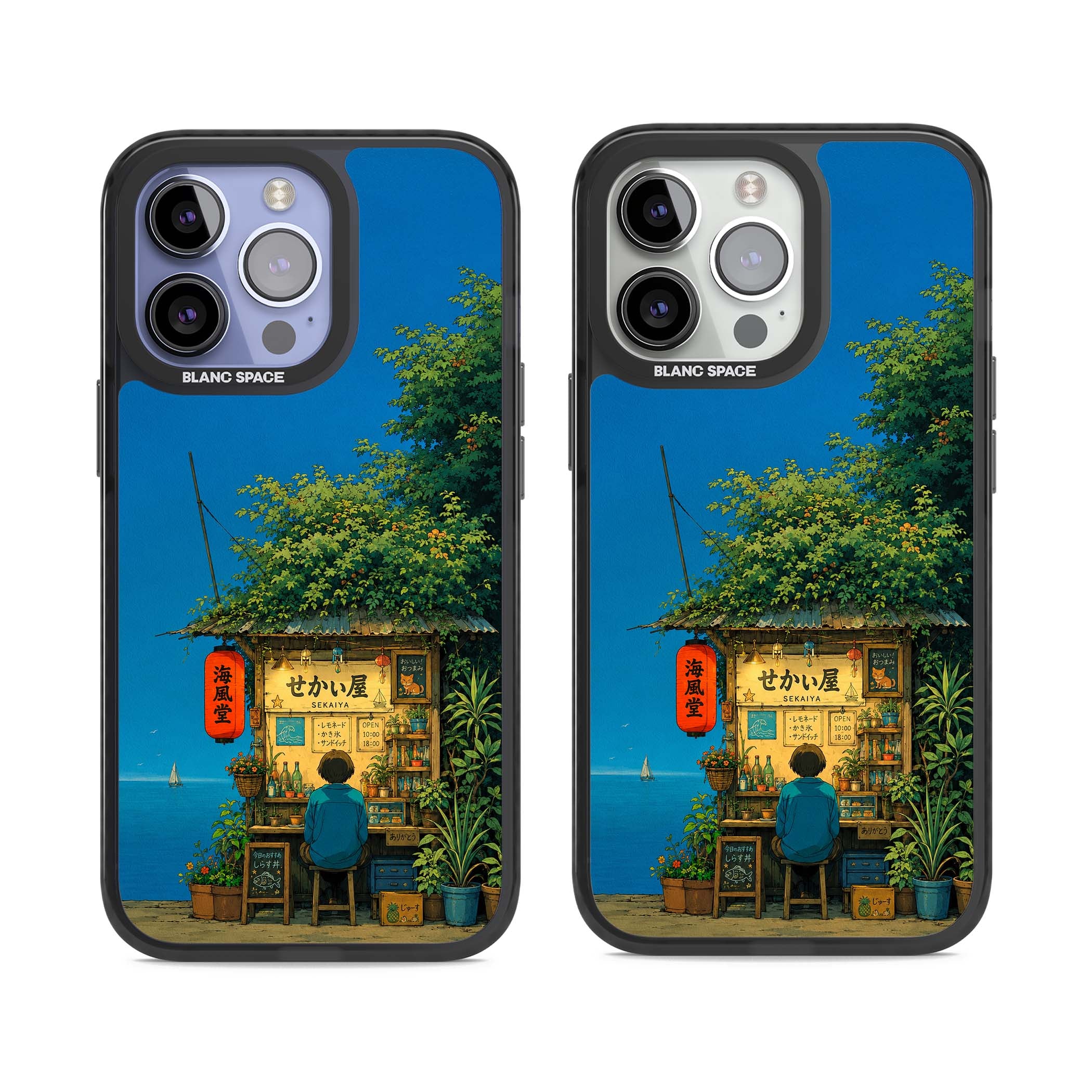 The Shirahama Kiosk anime iPhone case featuring a Japanese seaside shop, red paper lantern and ocean view | Black Impact case for iPhone 13 Pro, iPhone 14 Pro, iPhone 15 Pro