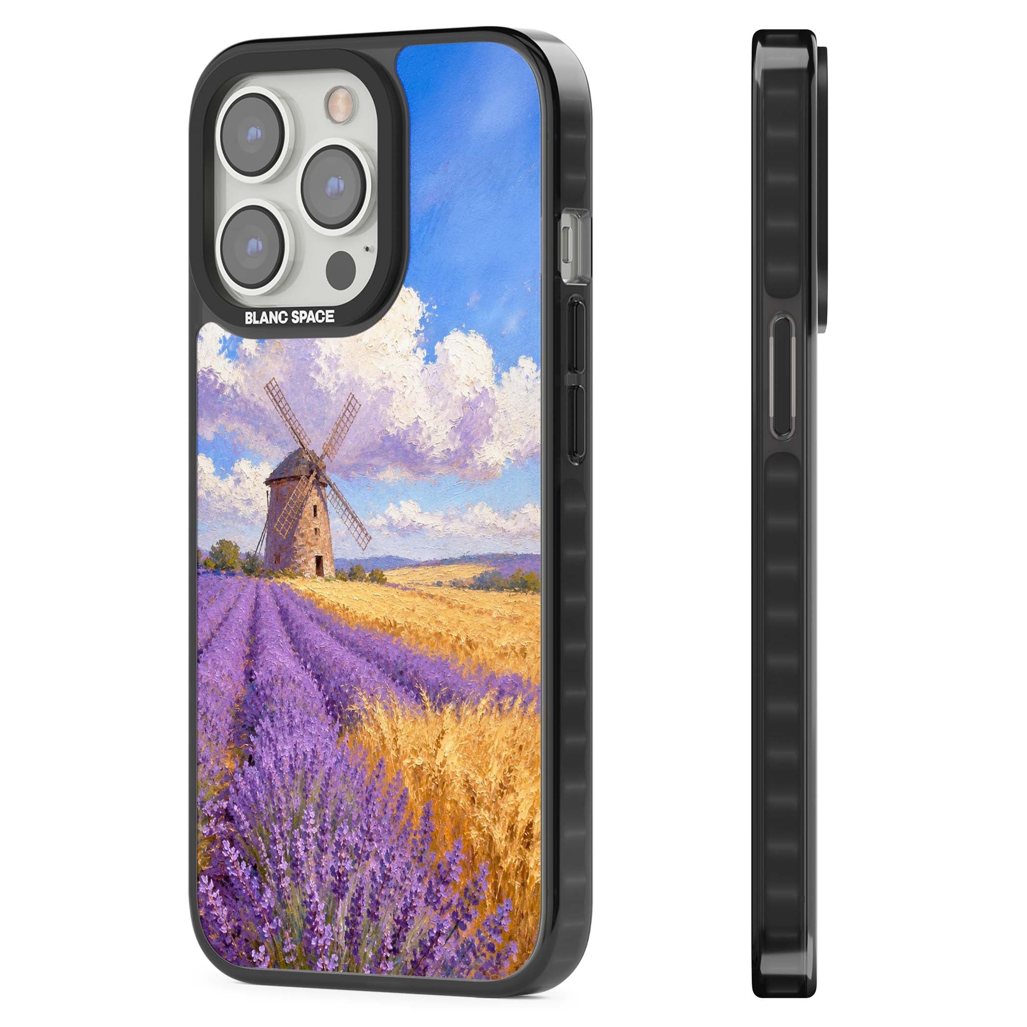 Lavender Mill cottagecore iPhone case featuring a French windmill, lavender field and golden wheat oil painting | Black Impact case for iPhone 13 Pro, iPhone 14 Pro, iPhone 15 Pro