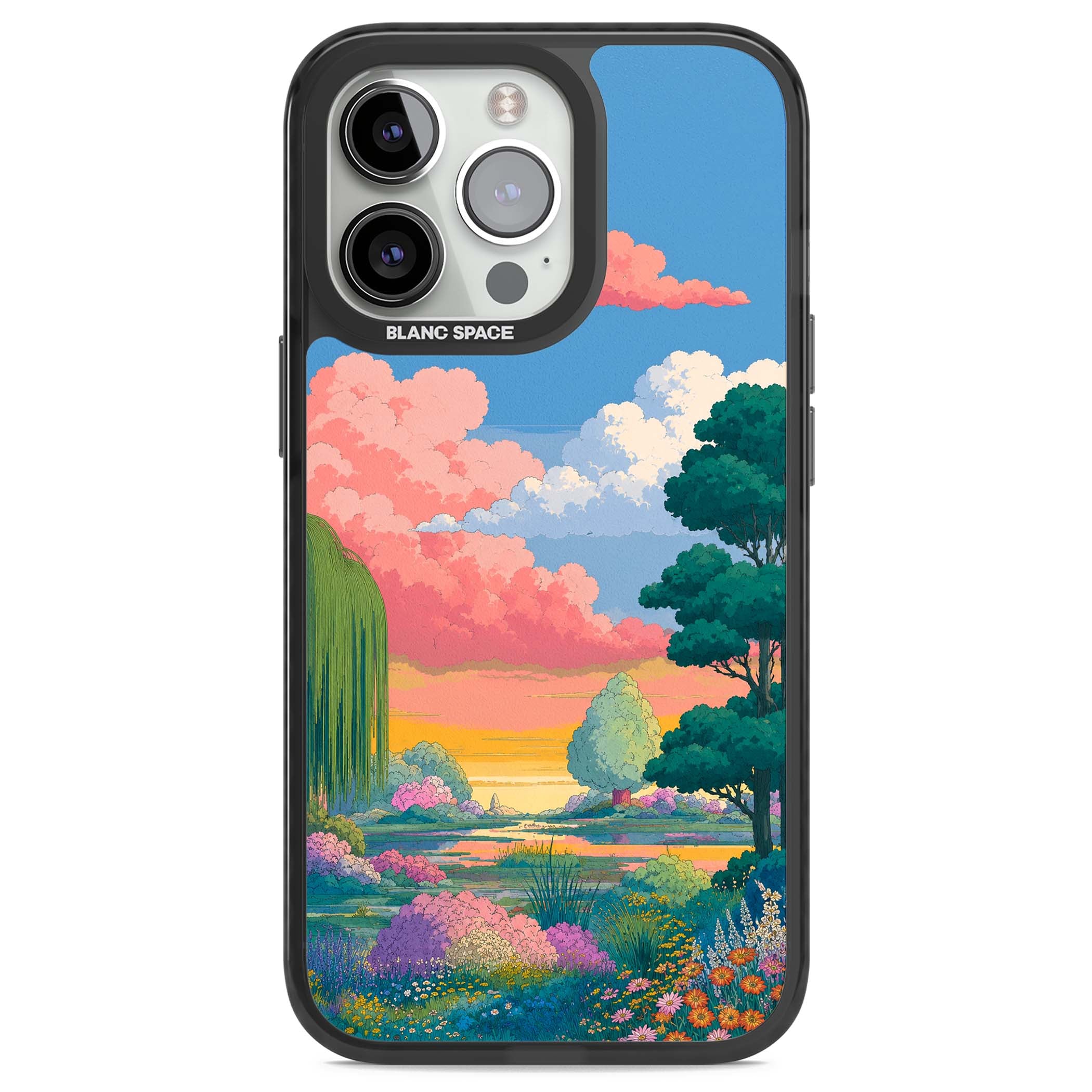 Dream Valley anime landscape iPhone case featuring pink sunset clouds, willow trees and wildflowers | Black Impact case for iPhone 13 Pro, iPhone 14 Pro, iPhone 15 Pro