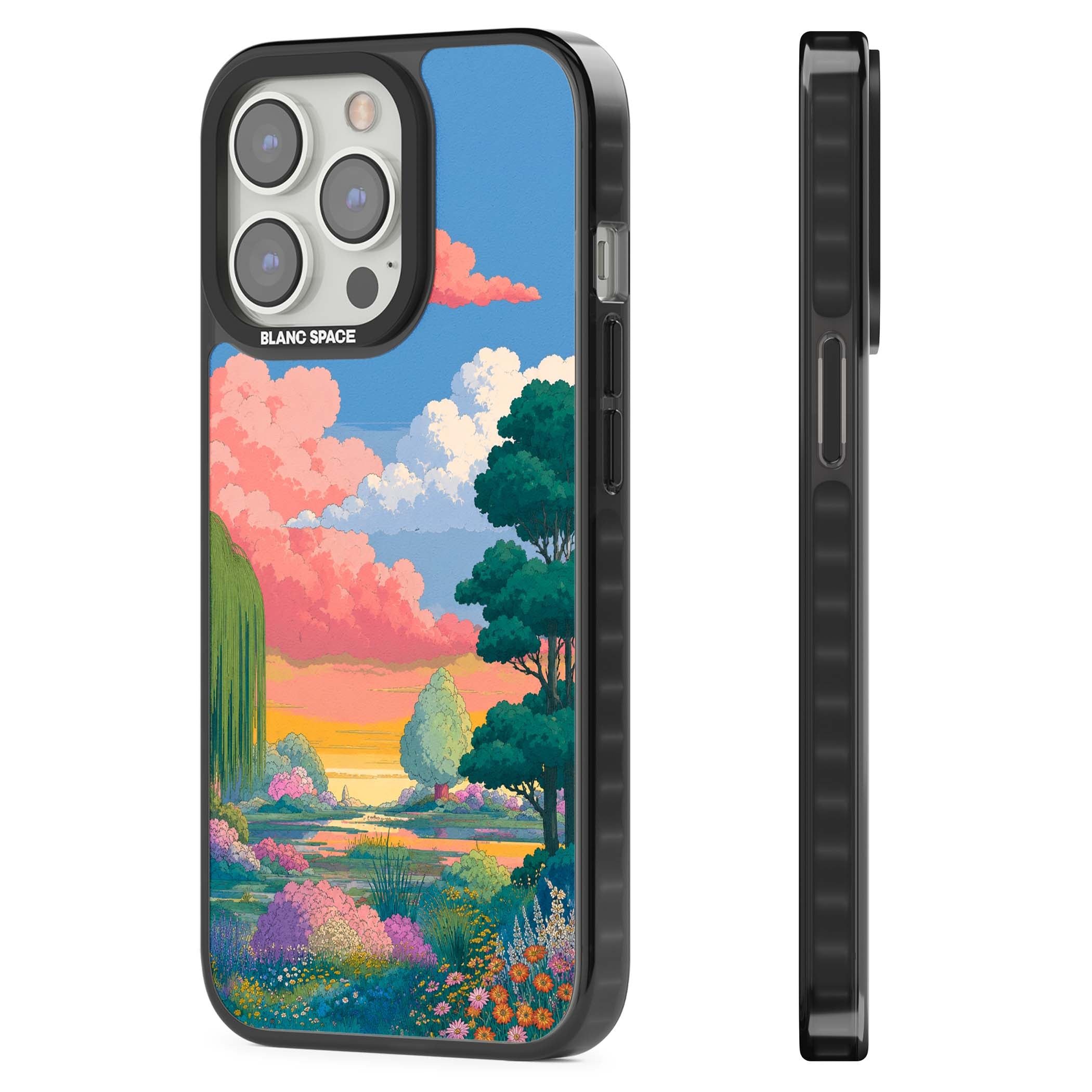 Dream Valley anime landscape iPhone case featuring pink sunset clouds, willow trees and wildflowers | Black Impact case for iPhone 13 Pro, iPhone 14 Pro, iPhone 15 Pro