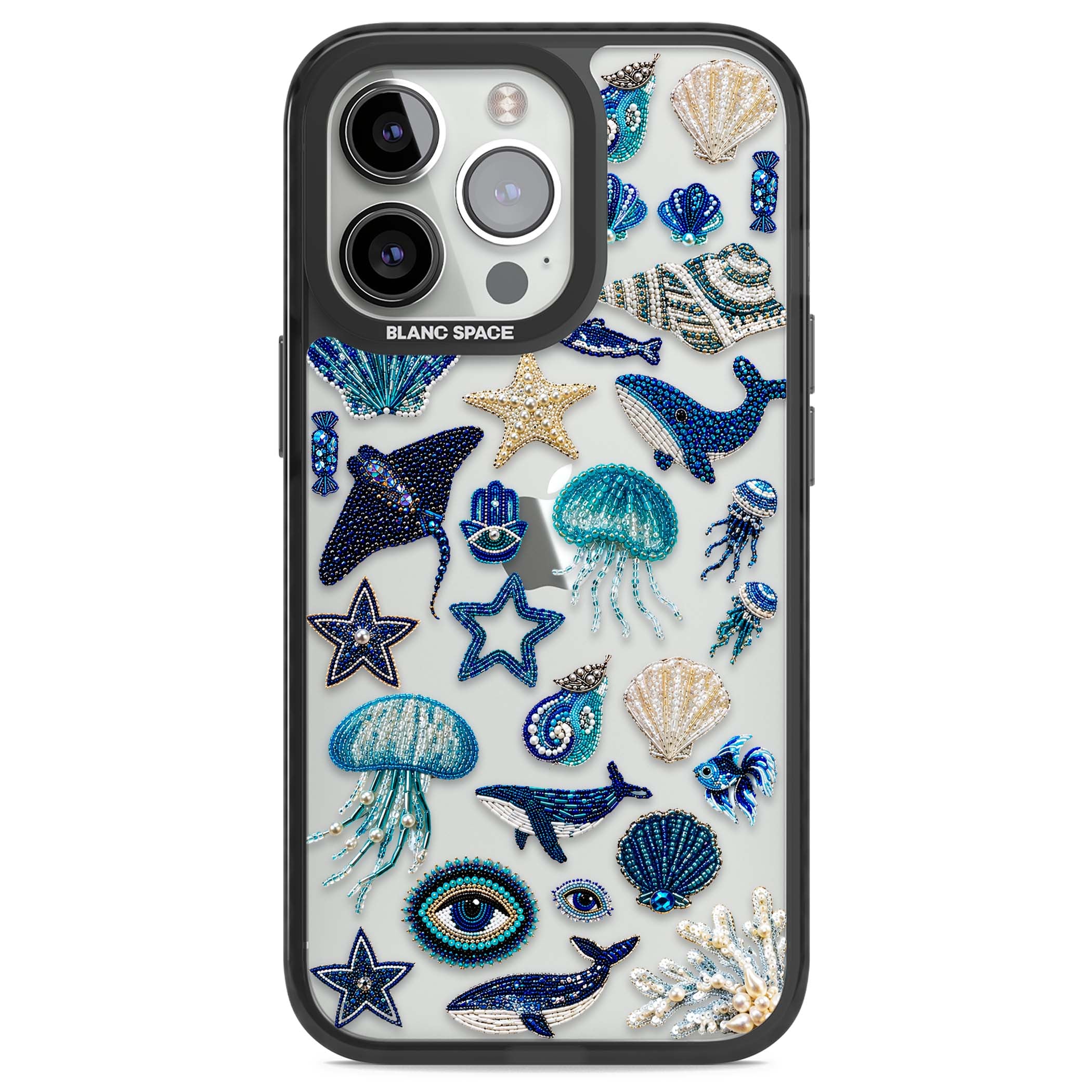 Beaded Coastal coastal iPhone case featuring embroidered seashells, jellyfish and a blue whale on clear | Black Impact case for iPhone 13 Pro, iPhone 14 Pro, iPhone 15 Pro