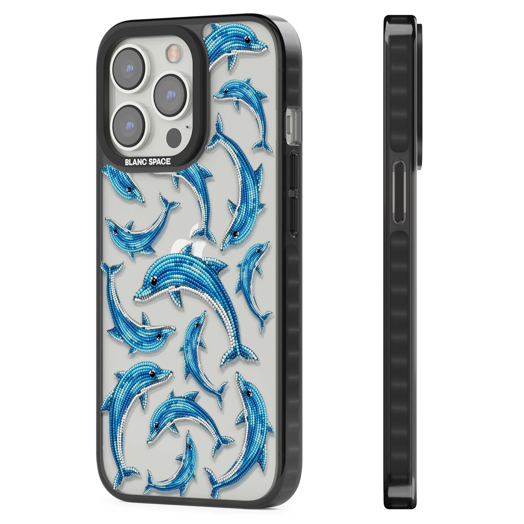 Beaded Dolphins coastal iPhone case featuring beaded dolphins in blue and white swimming across a clear background | Black Impact case for iPhone 13 Pro, iPhone 14 Pro, iPhone 15 Pro