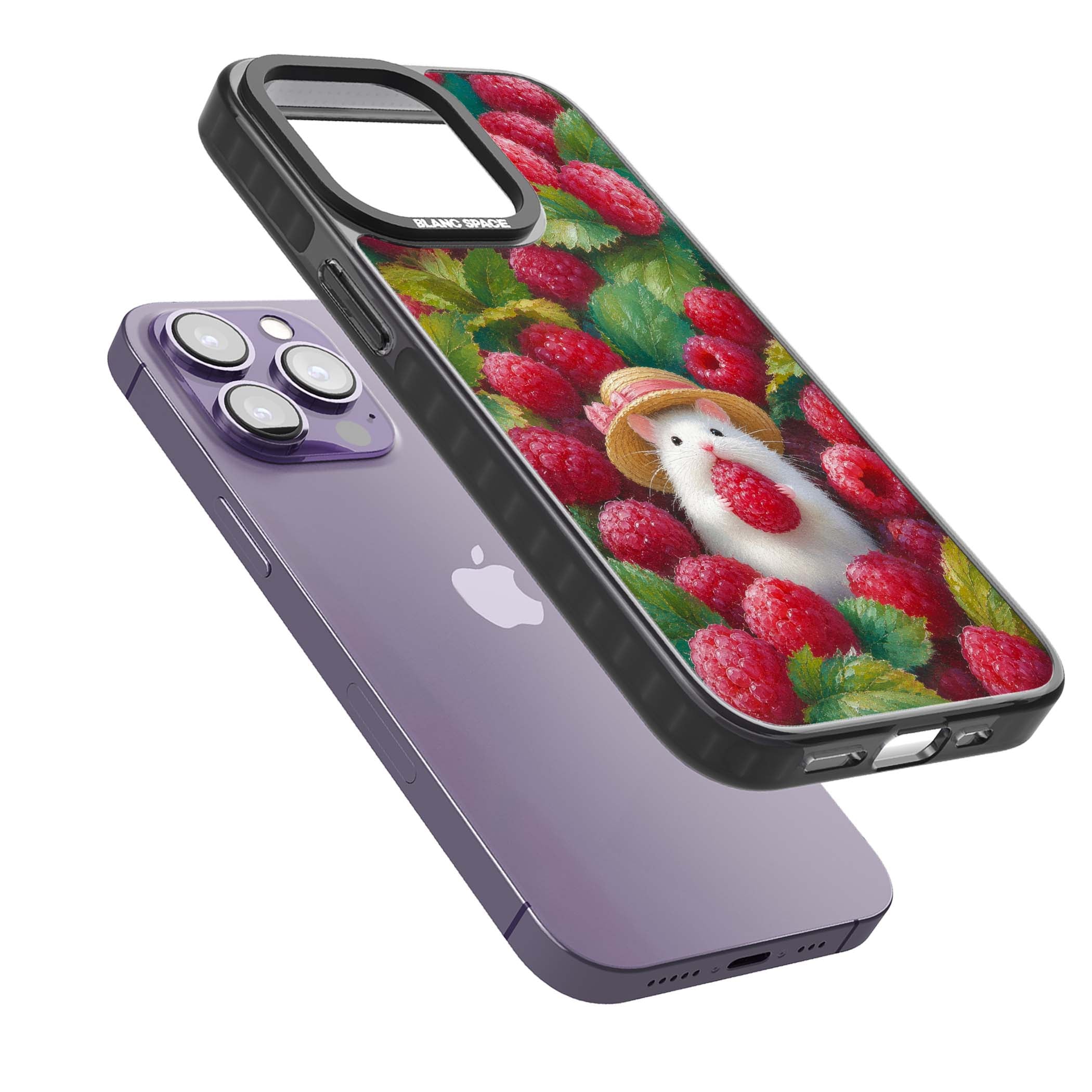 Berry Forager cottagecore iPhone case featuring a white hamster in a straw hat holding a raspberry surrounded by ripe ber | Black Impact case for iPhone 13 Pro, iPhone 14 Pro, iPhone 15 Pro