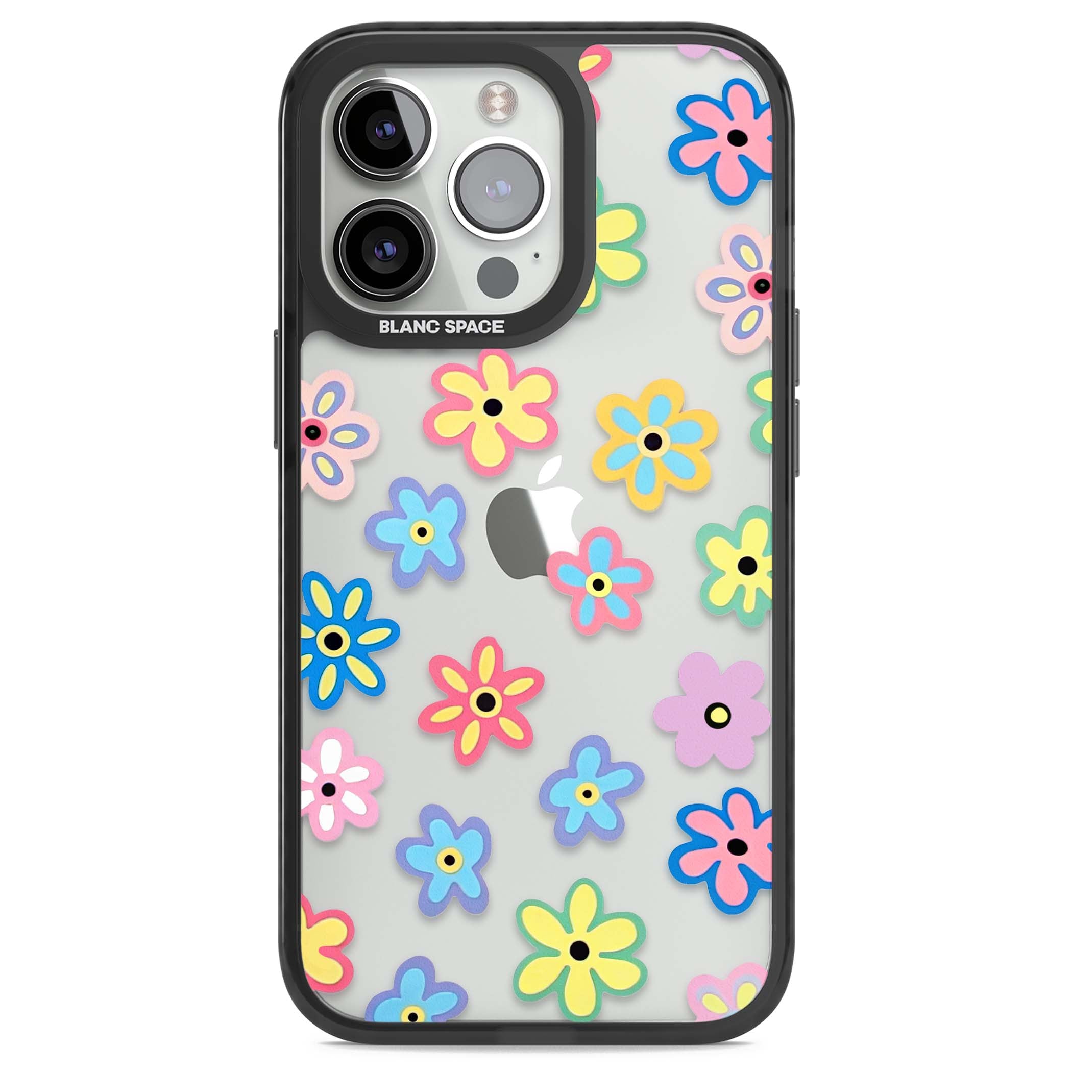 Bloom Pop cottagecore iPhone case featuring multicolor pastel flowers with black centers on clear background | Black Impact case for iPhone 13 Pro, iPhone 14 Pro, iPhone 15 Pro