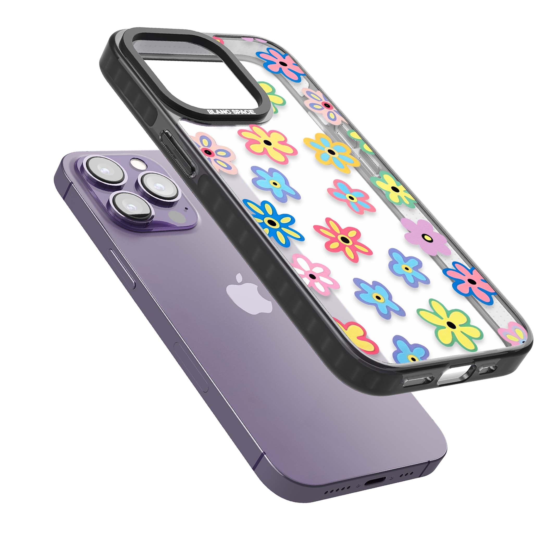 Bloom Pop cottagecore iPhone case featuring multicolor pastel flowers with black centers on clear background | Black Impact case for iPhone 13 Pro, iPhone 14 Pro, iPhone 15 Pro