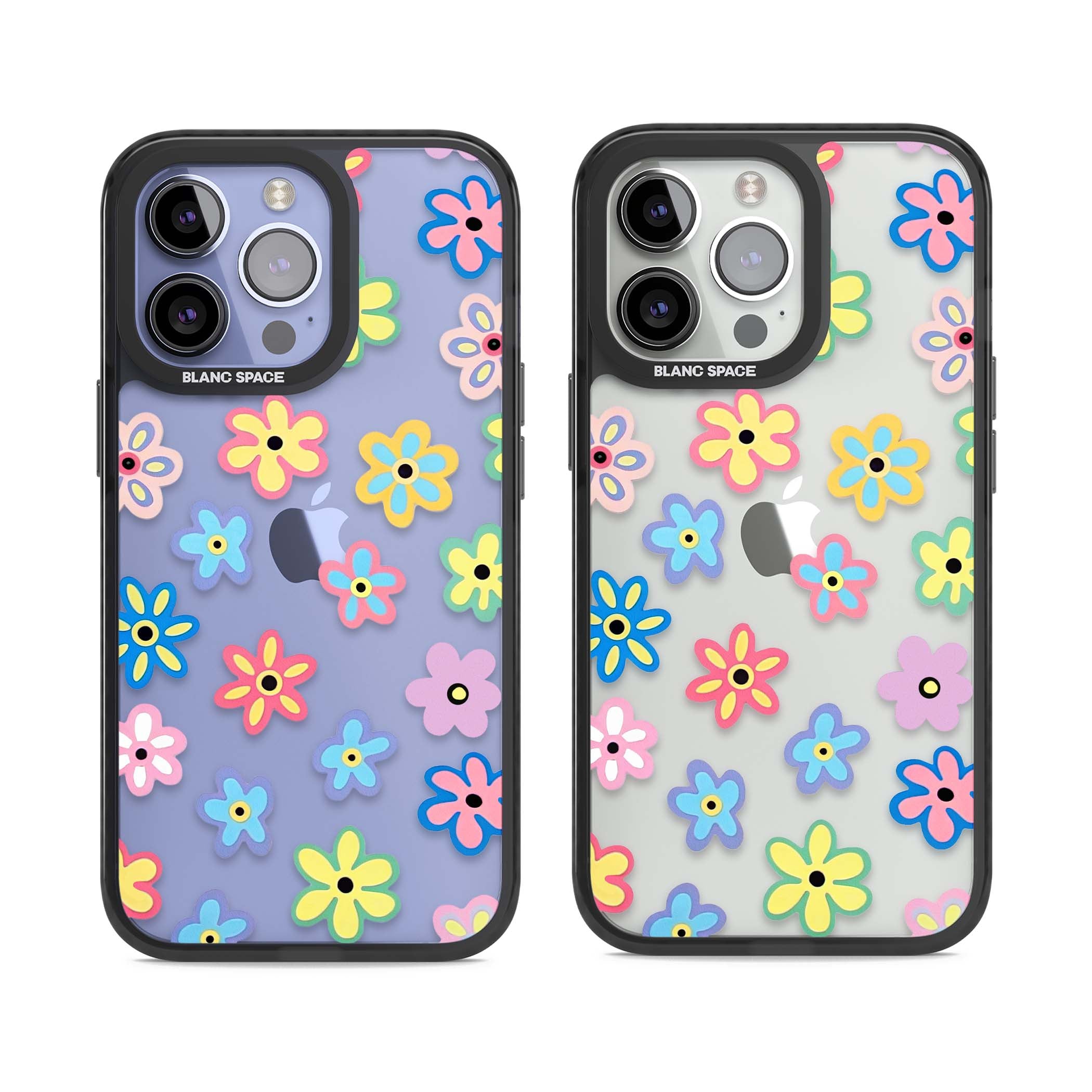 Bloom Pop cottagecore iPhone case featuring multicolor pastel flowers with black centers on clear background | Black Impact case for iPhone 13 Pro, iPhone 14 Pro, iPhone 15 Pro