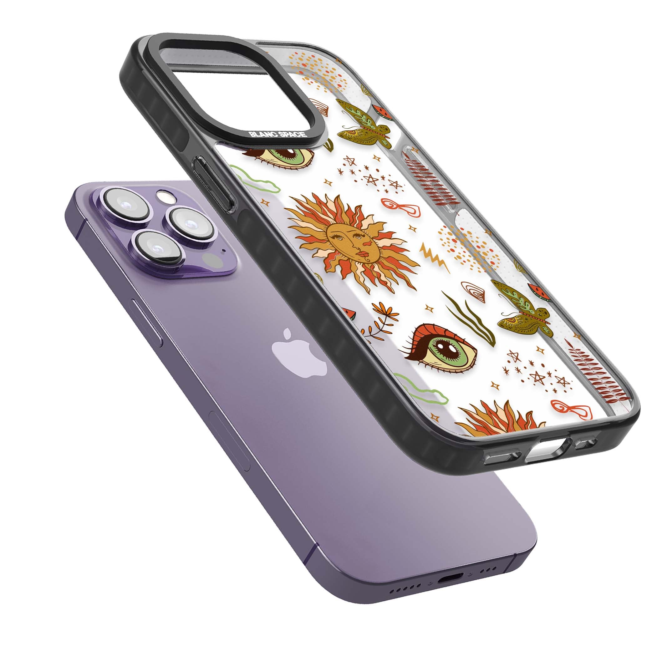 Elevate Your Phone'S Style With This Boho Celestial Sun & Eye Phone Case, Featuring A Mystical Blend Of Suns, All-Seeing Eyes, Butterflies, Stars, And